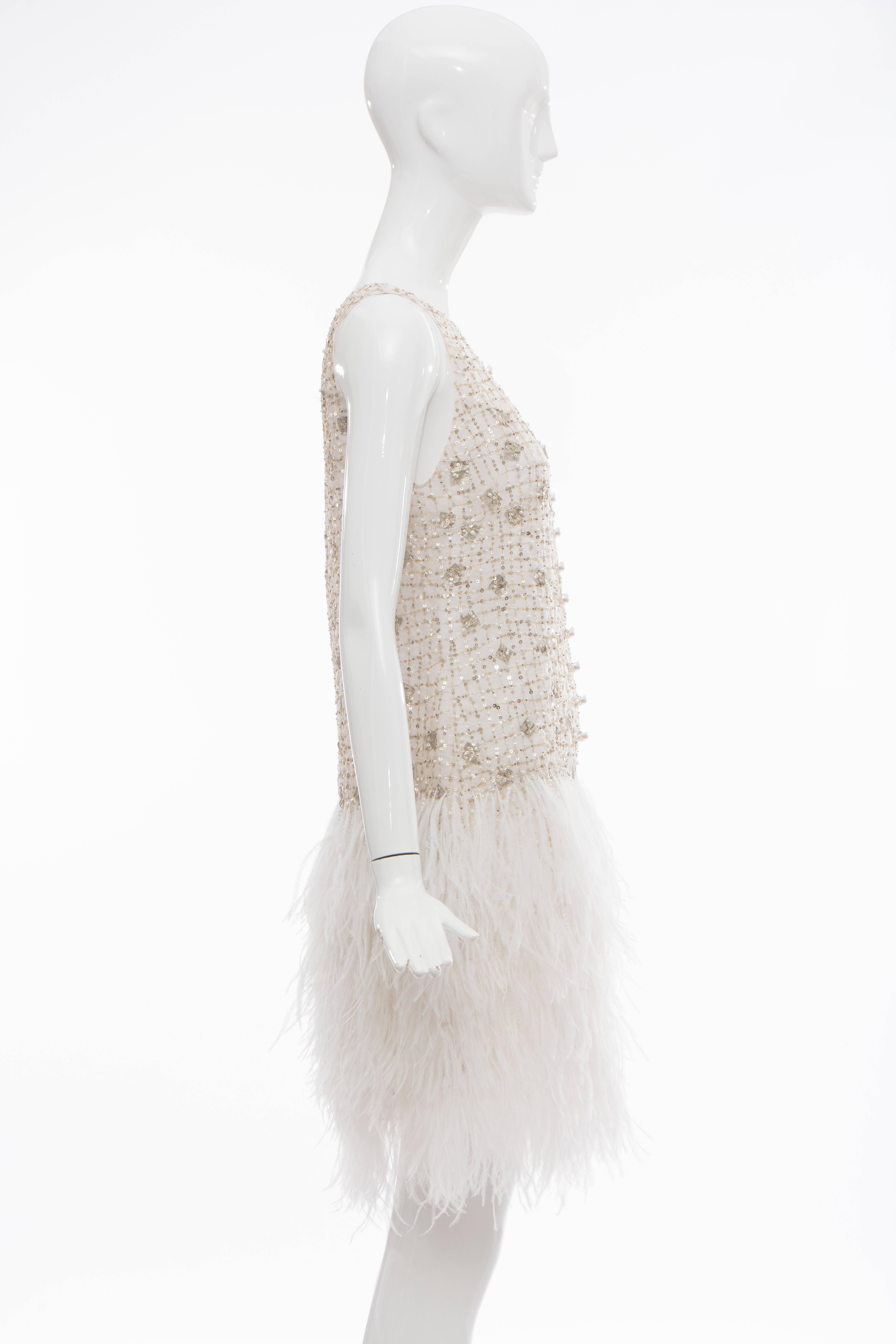 Oscar de la Renta Silk Metallic Sequin Pearl Evening Dress With Ostrich Feathers 2