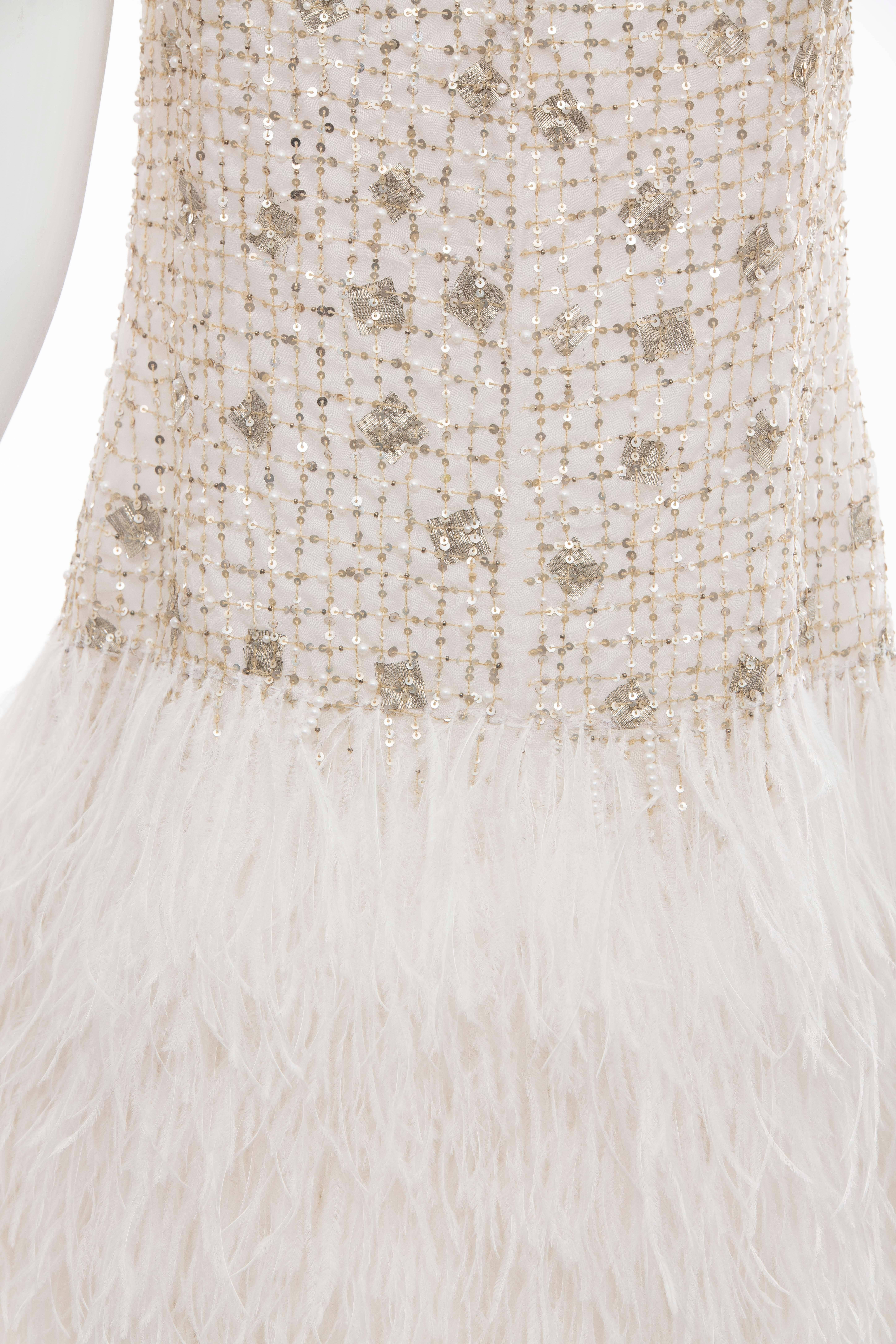 Oscar de la Renta Silk Metallic Sequin Pearl Evening Dress With Ostrich Feathers 3