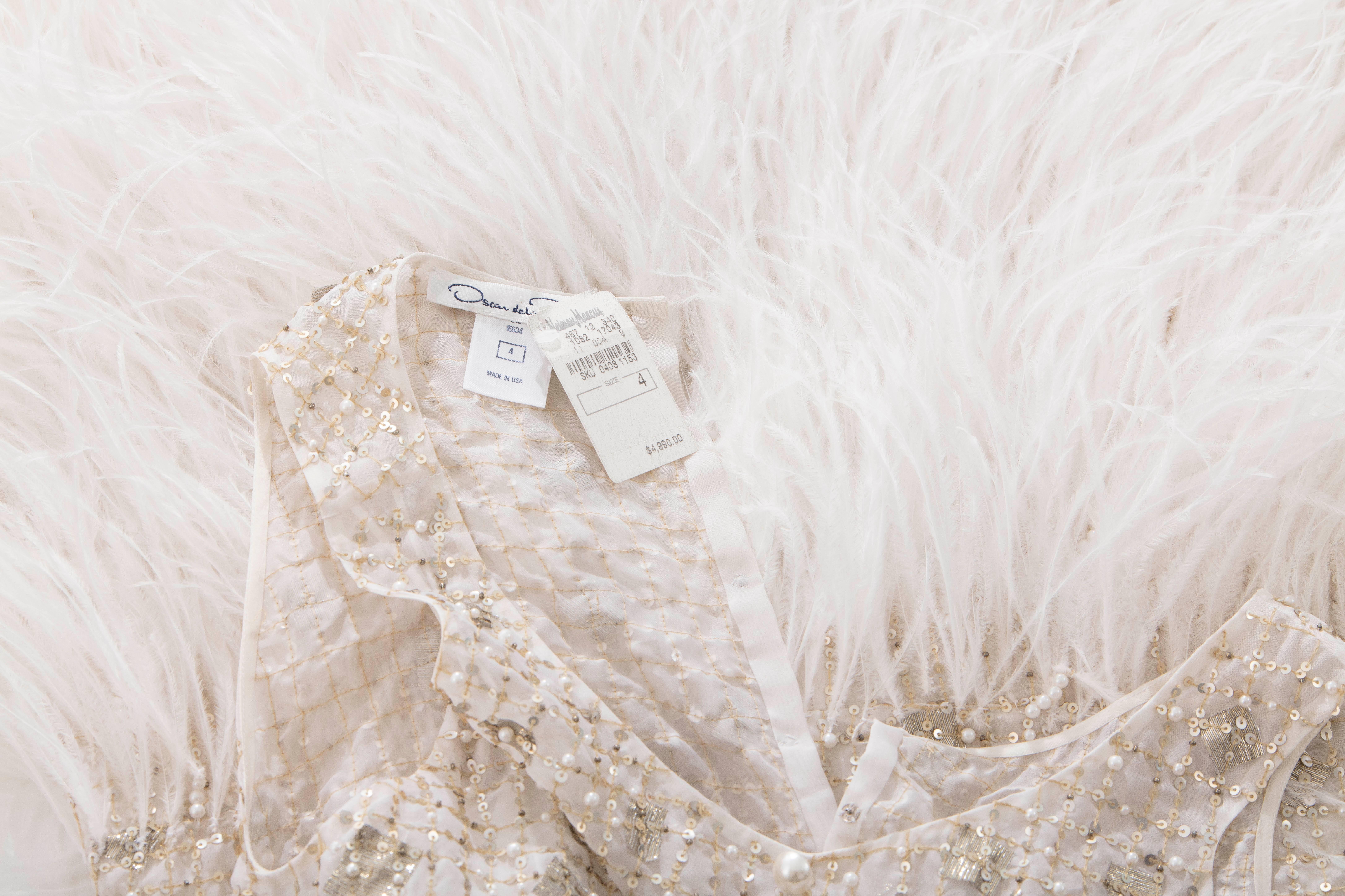 Oscar de la Renta Silk Metallic Sequin Pearl Evening Dress With Ostrich Feathers 5
