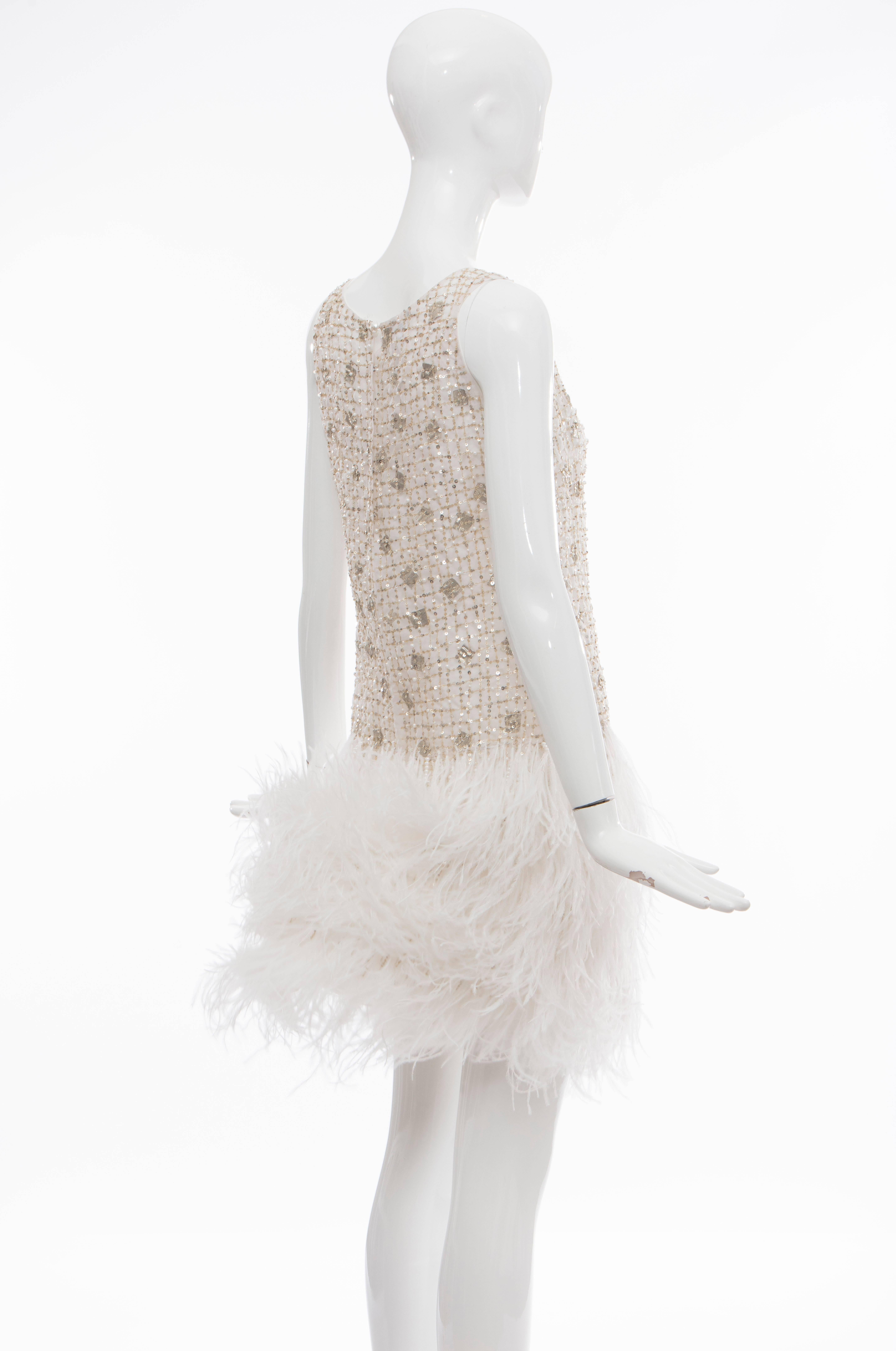 Oscar de la Renta Silk Metallic Sequin Pearl Evening Dress With Ostrich Feathers 4