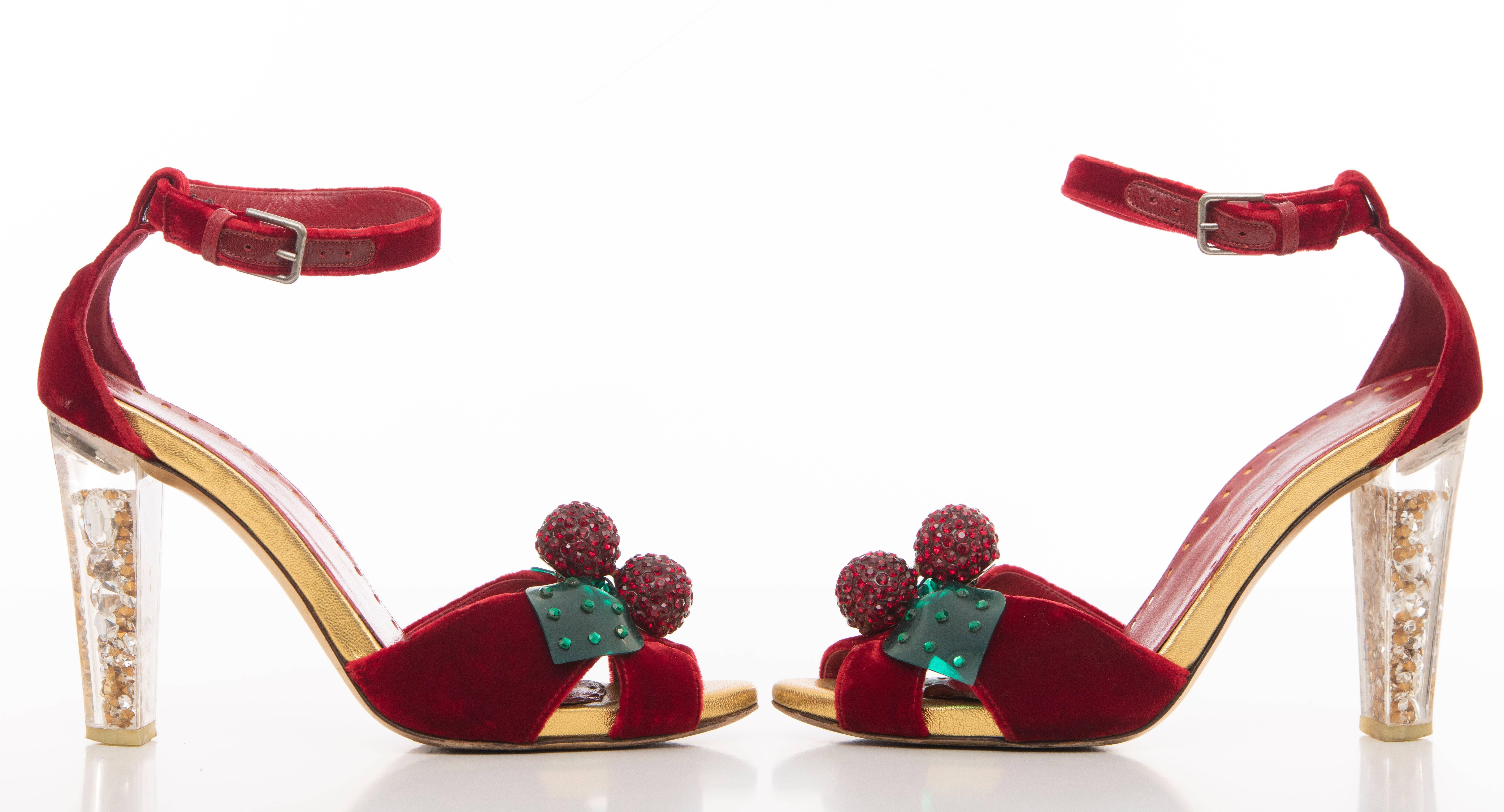 Tom Ford for Yves Saint Laurent, Autumn-Winter 2003 red velvet and metallic gold leather  cherry sandals with crystal embellished clear resin chunky heels, removable crystal embellished cherry shoe clips and silver-tone buckle closure at ankle