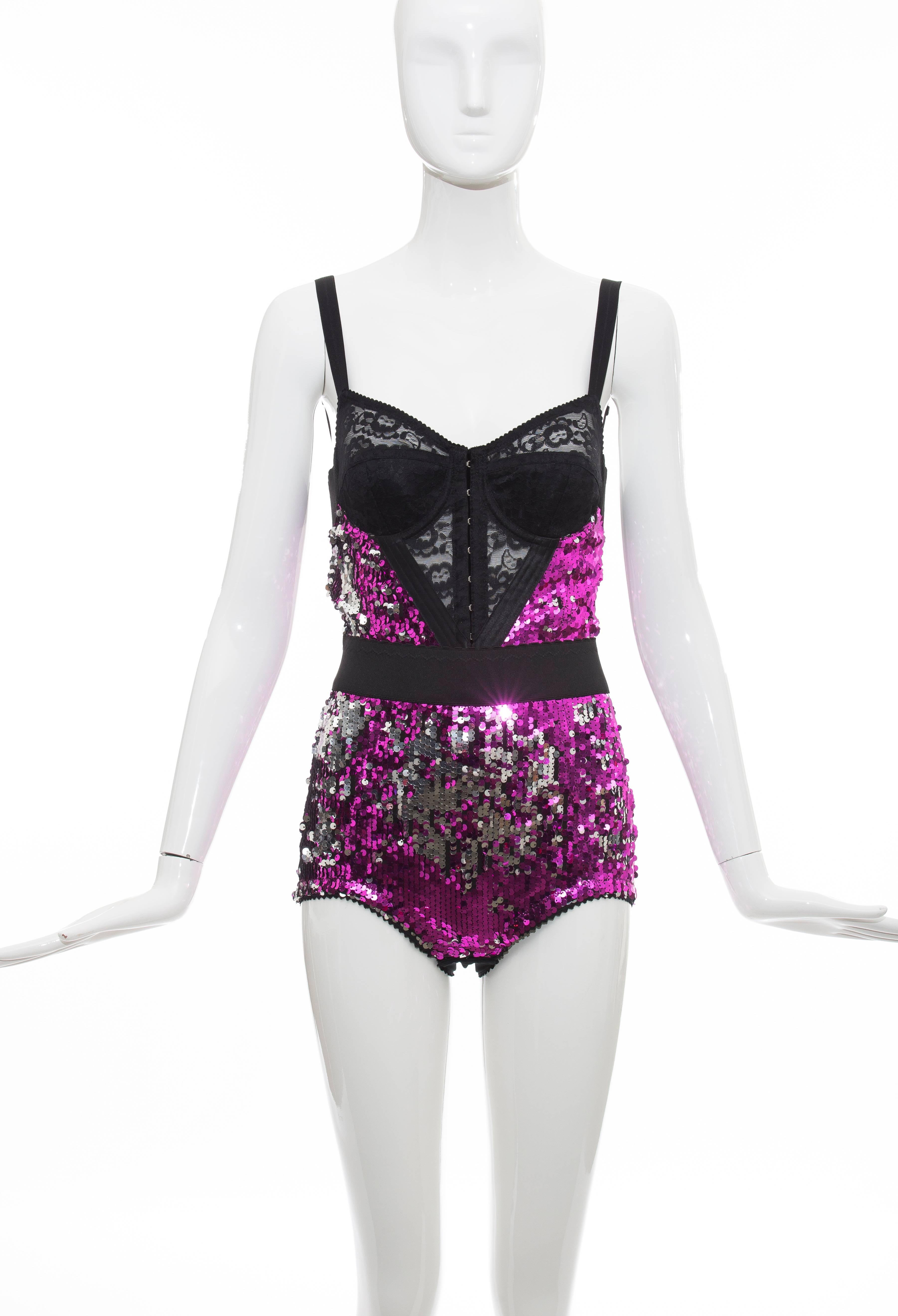 Dolce Gabbana, Autumn-Winter 2011 bustier bodysuit with sweetheart neckline, narrow shoulder straps, lace trim at bust, elasticized waistband, sequin embellishment throughout, boning at interior bodice, hook-and-eye closures at bust, exposed zip