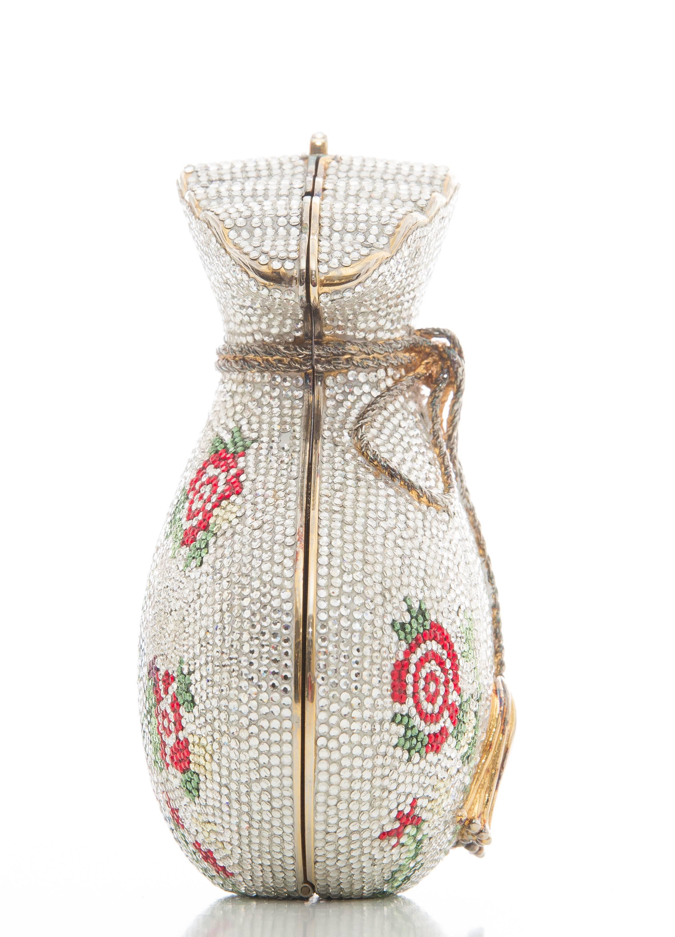 Beige Judith Leiber Swarovski Crystal Floral Beggars Pouch Minaudiere