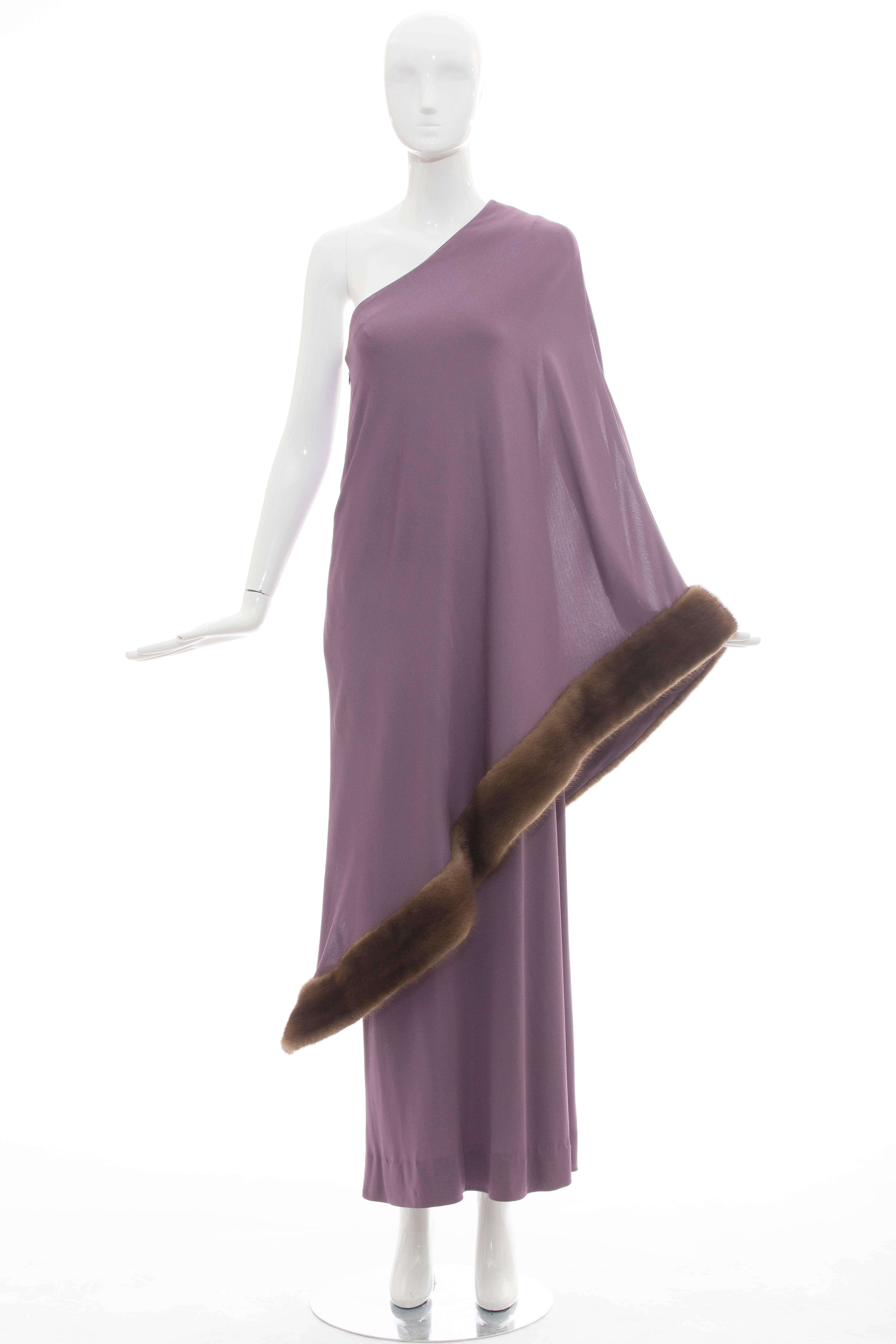 Bill Blass, circa 1970's violet rayon jersey one-shoulder evening dress with mink trim and side zip.

Bust 34, Waist 38, Length 55, 