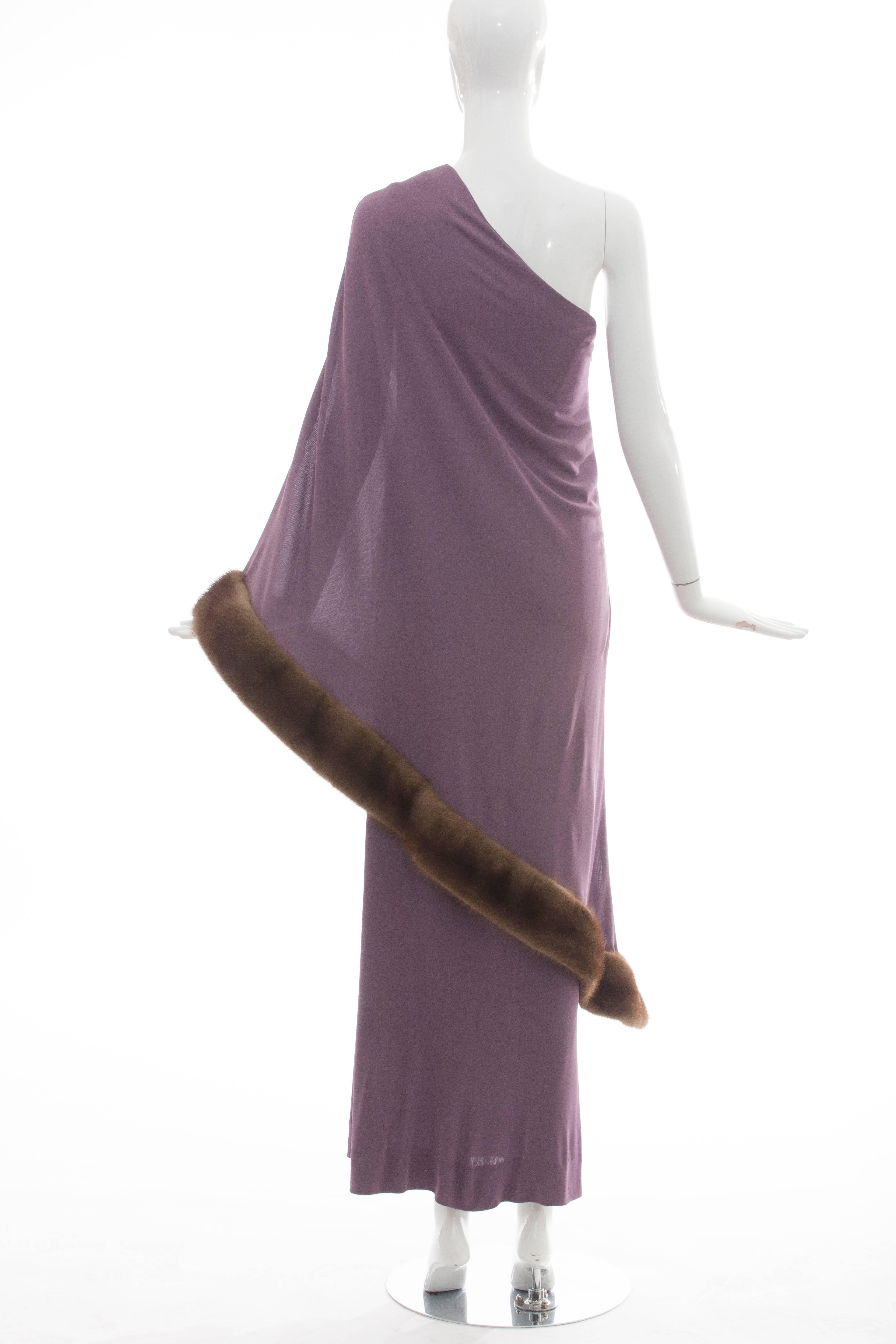 Gray Bill Blass Violet Jersey One Shoulder Evening Dress With Mink Trim, Circa 1970's