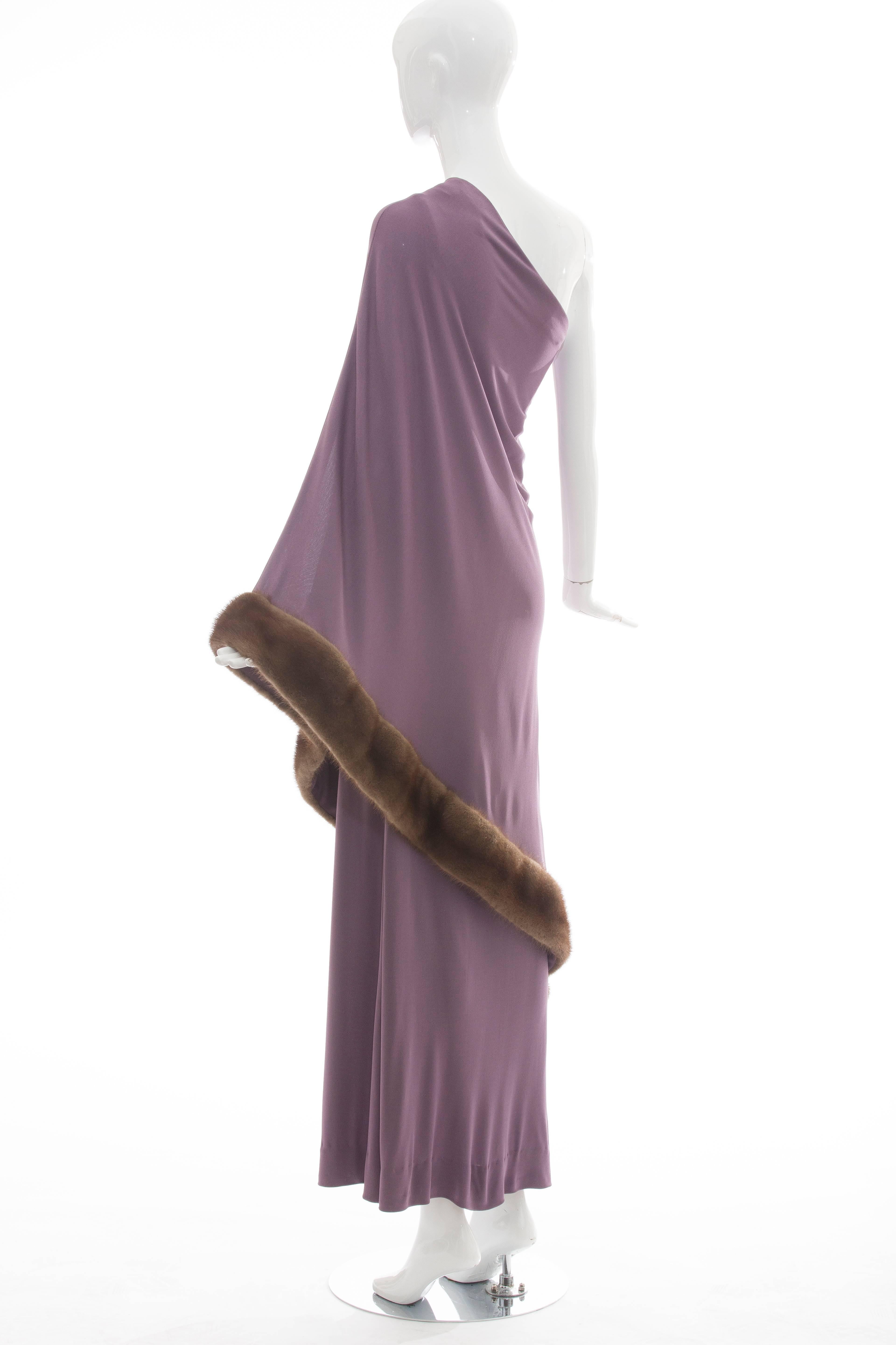 Bill Blass Violet Jersey One Shoulder Evening Dress With Mink Trim, Circa 1970's 2