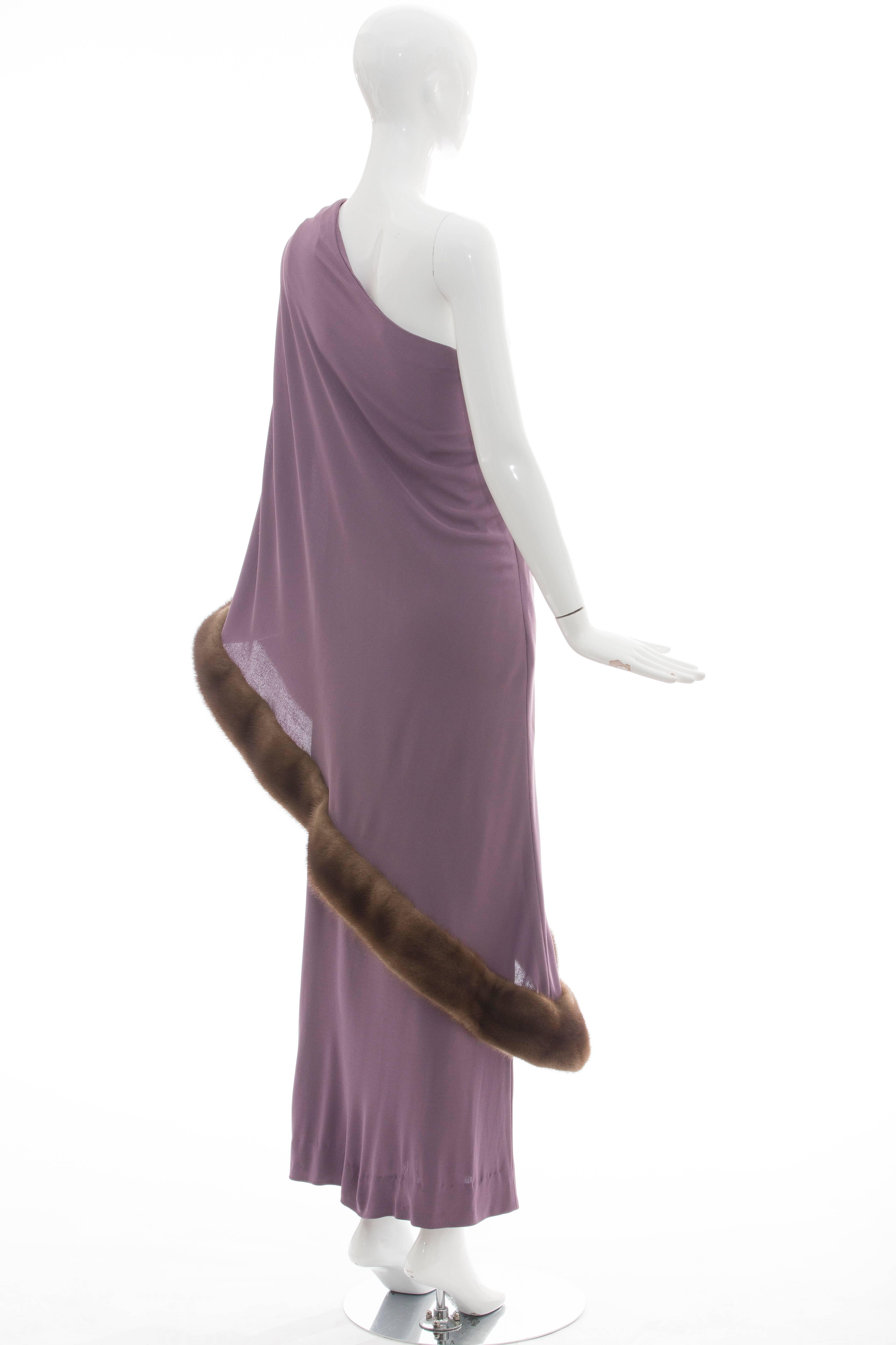 Bill Blass Violet Jersey One Shoulder Evening Dress With Mink Trim, Circa 1970's 3