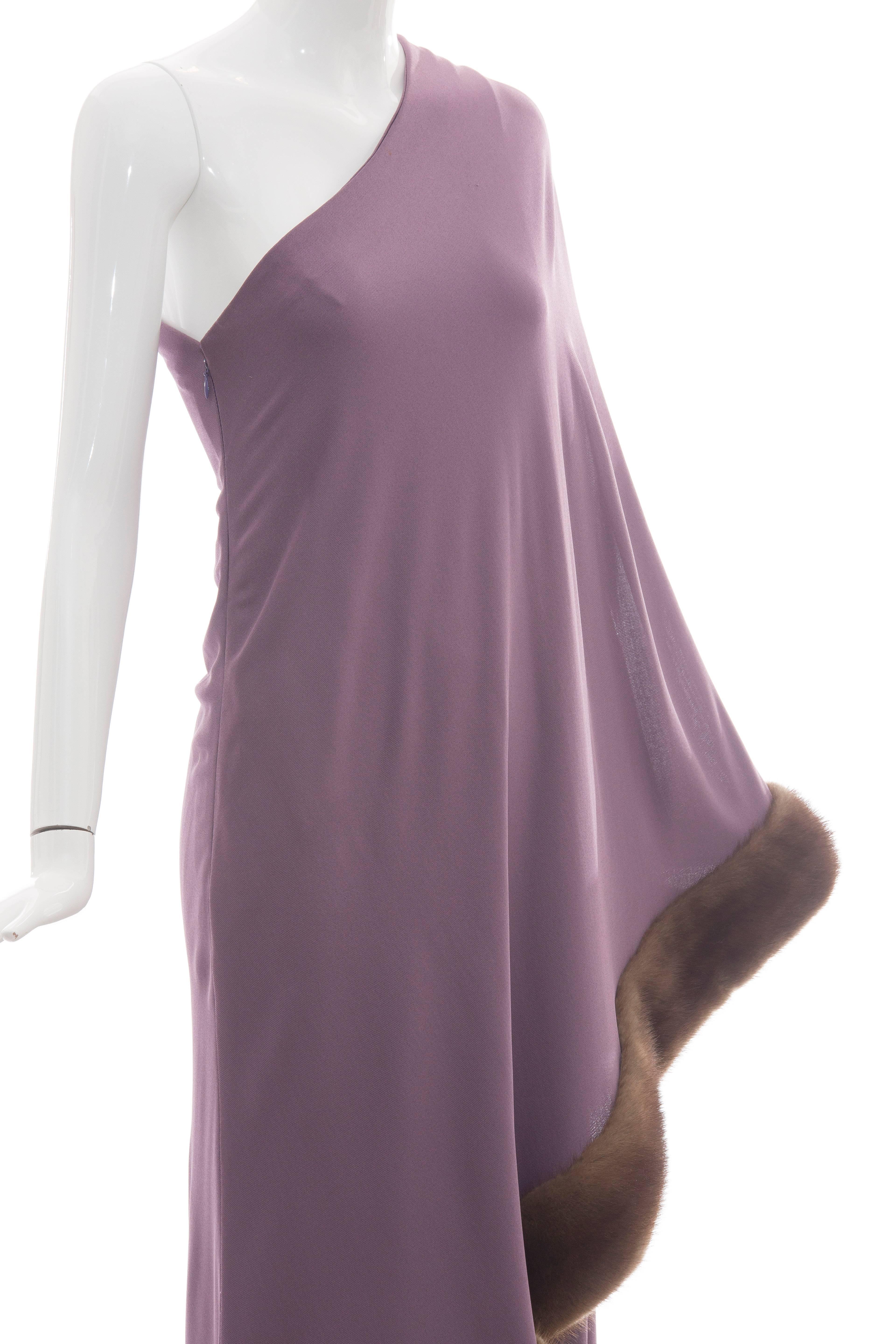 Bill Blass Violet Jersey One Shoulder Evening Dress With Mink Trim, Circa 1970's 4