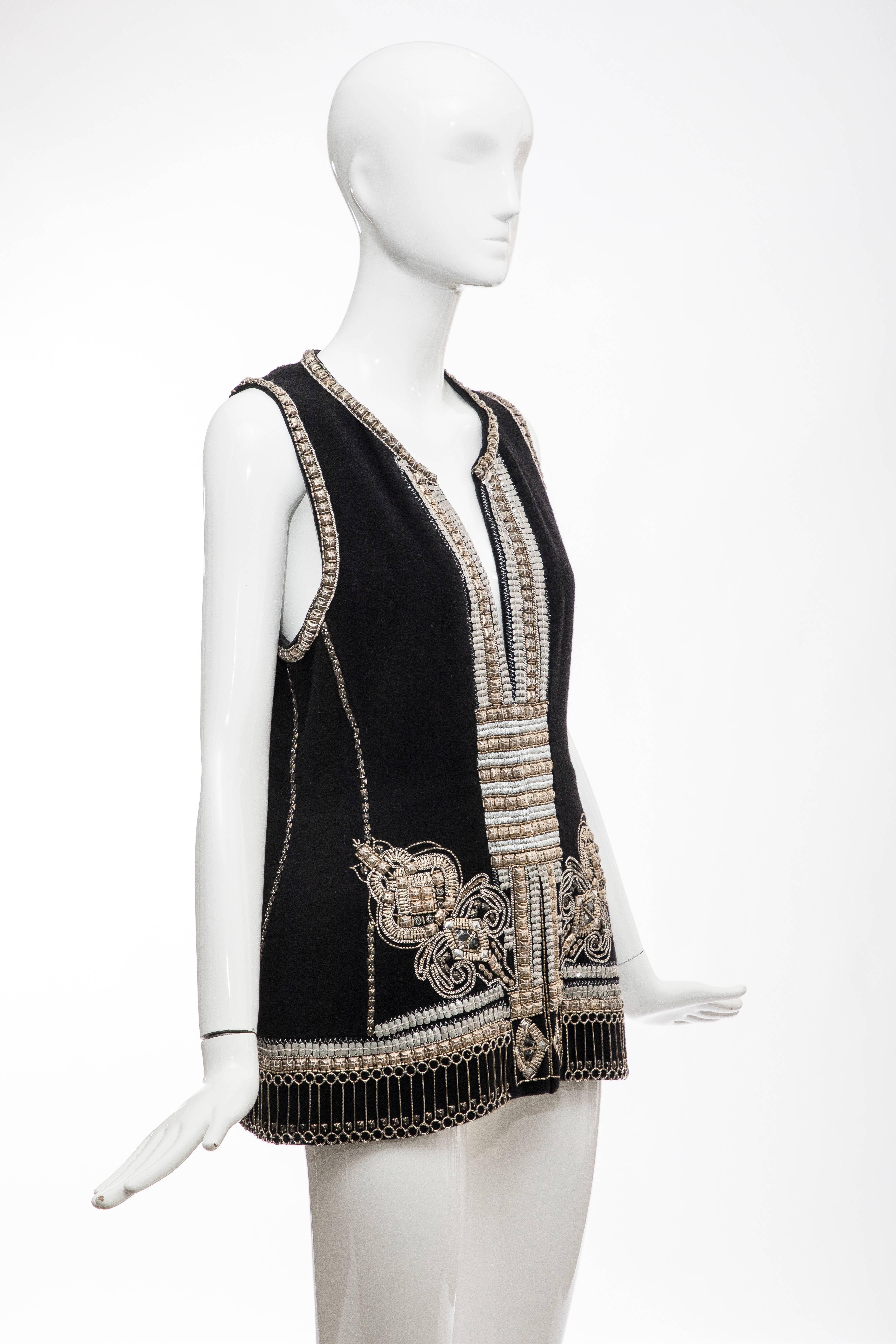 Women's Dries Van Noten Black Wool Cashmere Silver Indian Embroidered Vest, Fall 2010