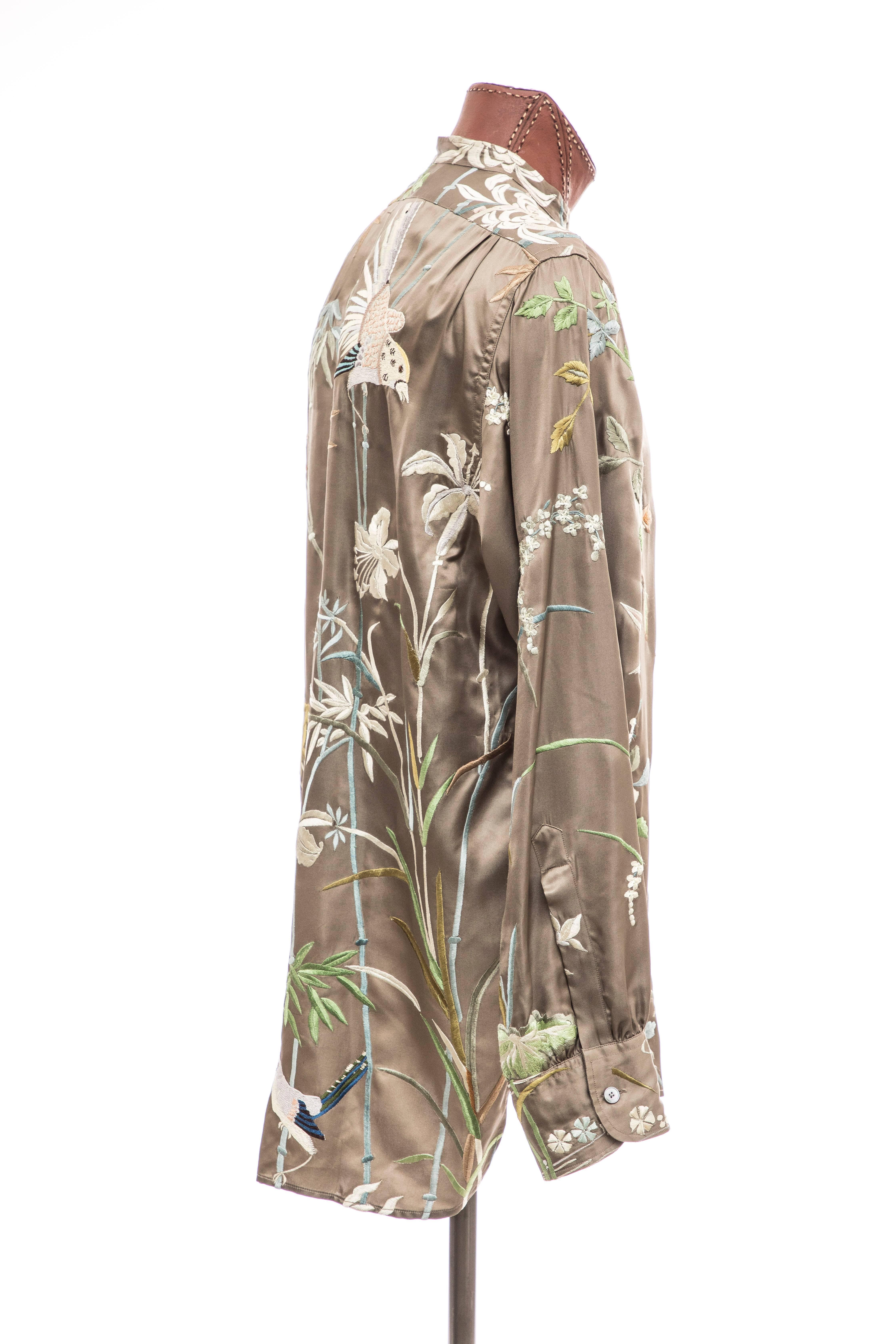 Brown Tom Ford For Gucci Men's Silk Floral Embroidered Button Front Shirt, Spring 2003