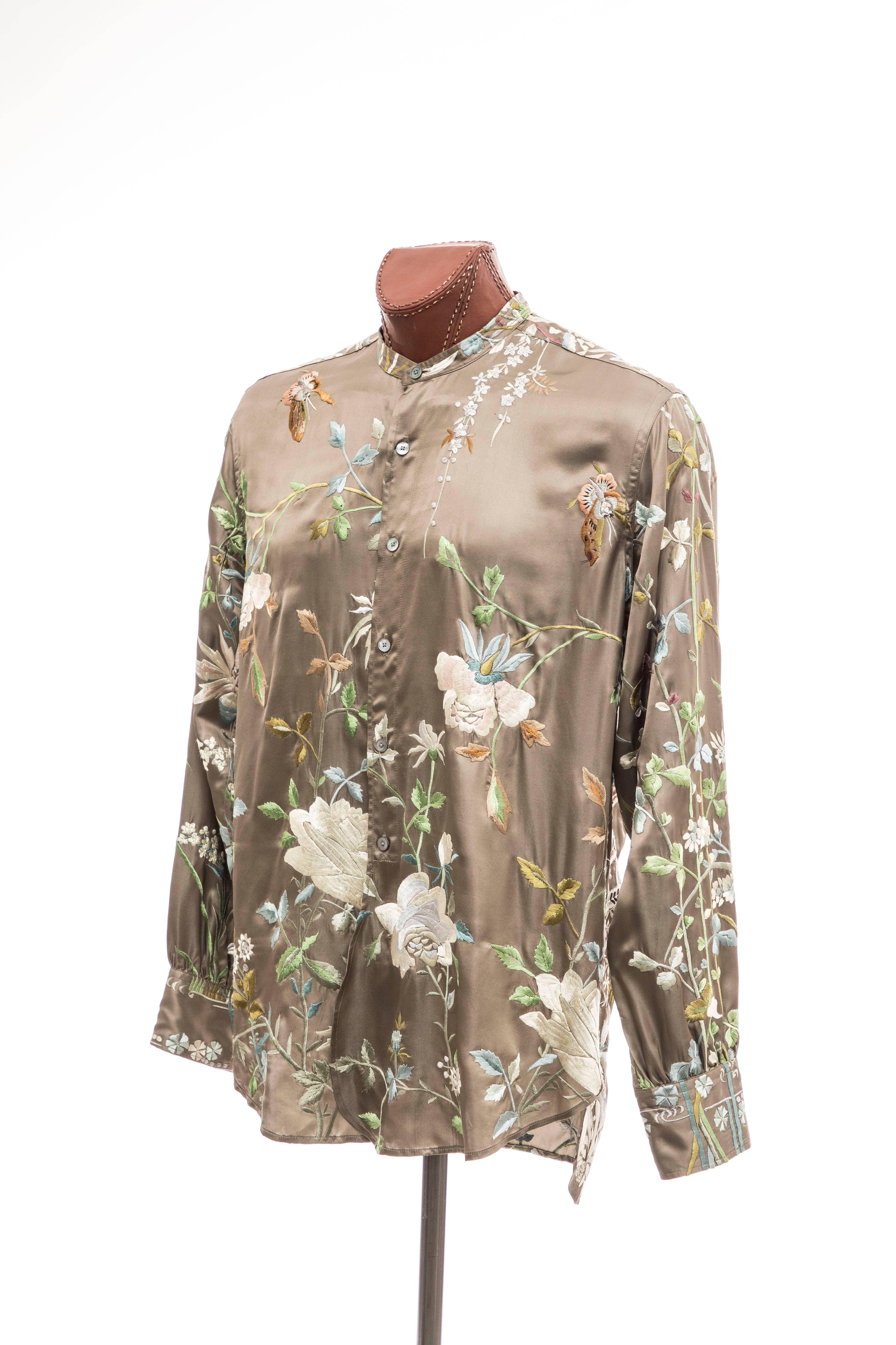 Tom Ford For Gucci Men's Silk Floral Embroidered Button Front Shirt, Spring 2003 2