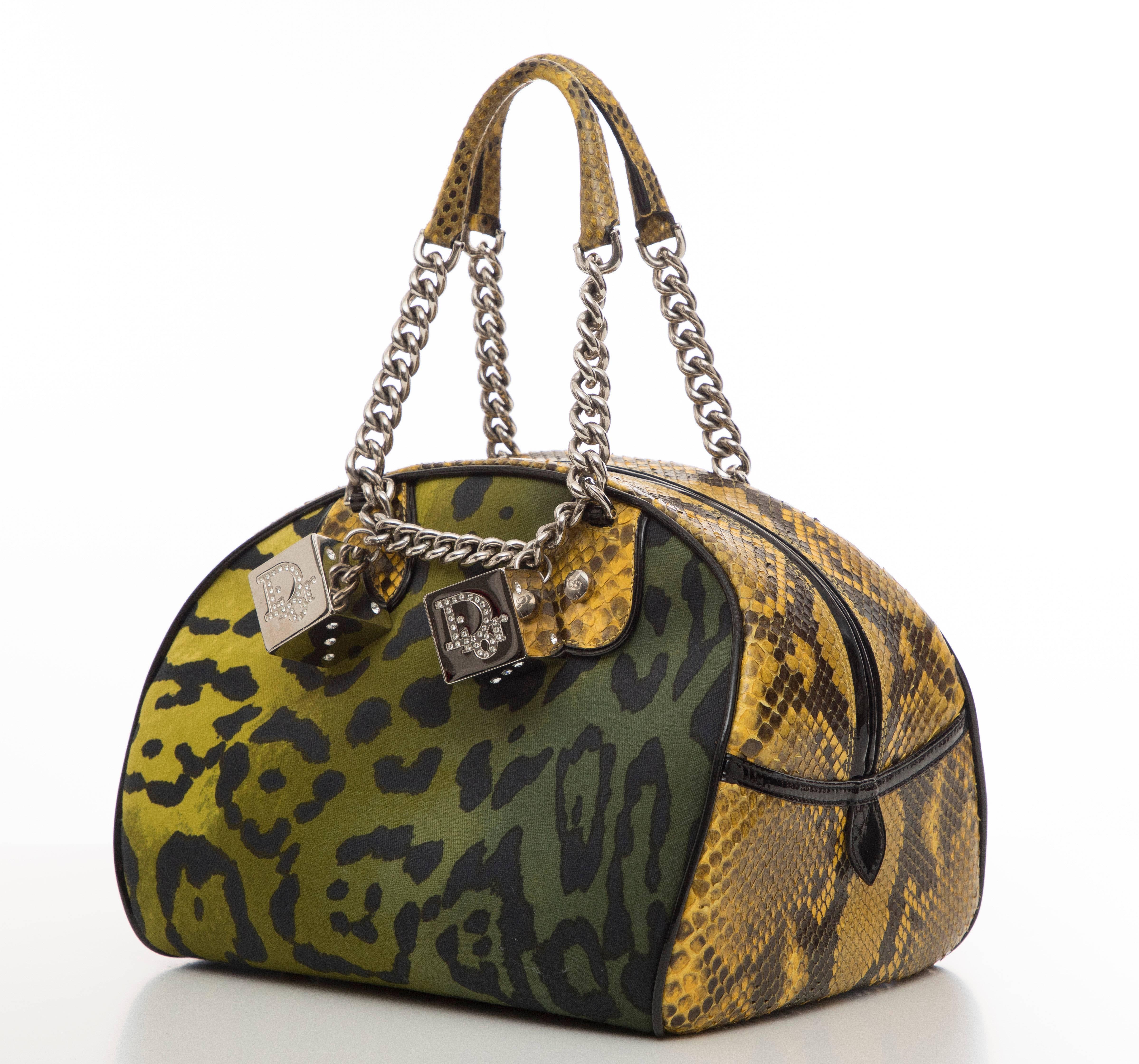 John Galliano for Christian Dior, Autumn-Winter 2004 leopard printed canvas handbag with silver-tone hardware, dual chain-link top handles, python and black patent leather trim, crystal embellished logo dice adornments, black Diorissimo woven