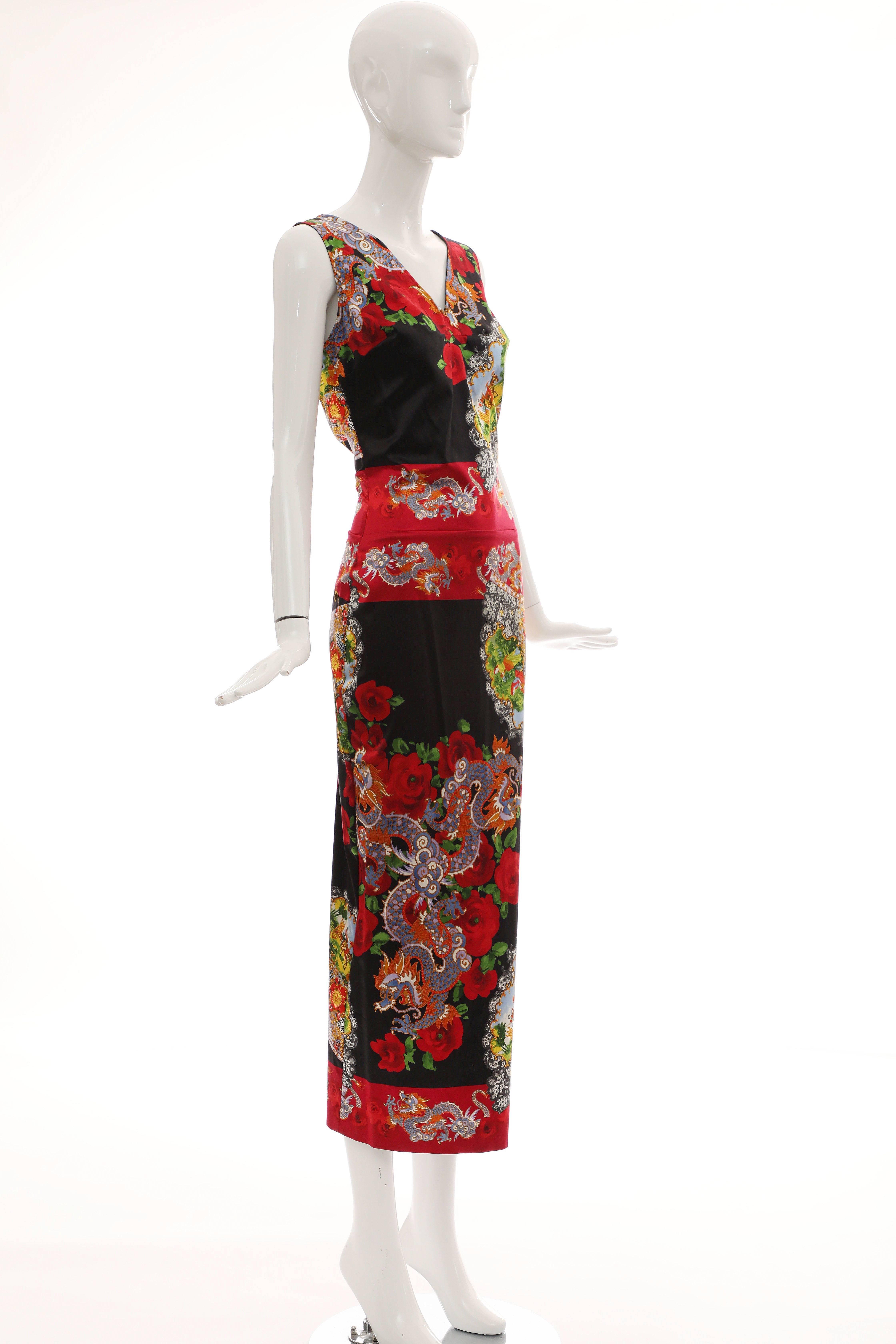 Brown Dolce & Gabbana Printed Dragon & Fan Stretch Silk Satin Evening Dress, Circa 1999