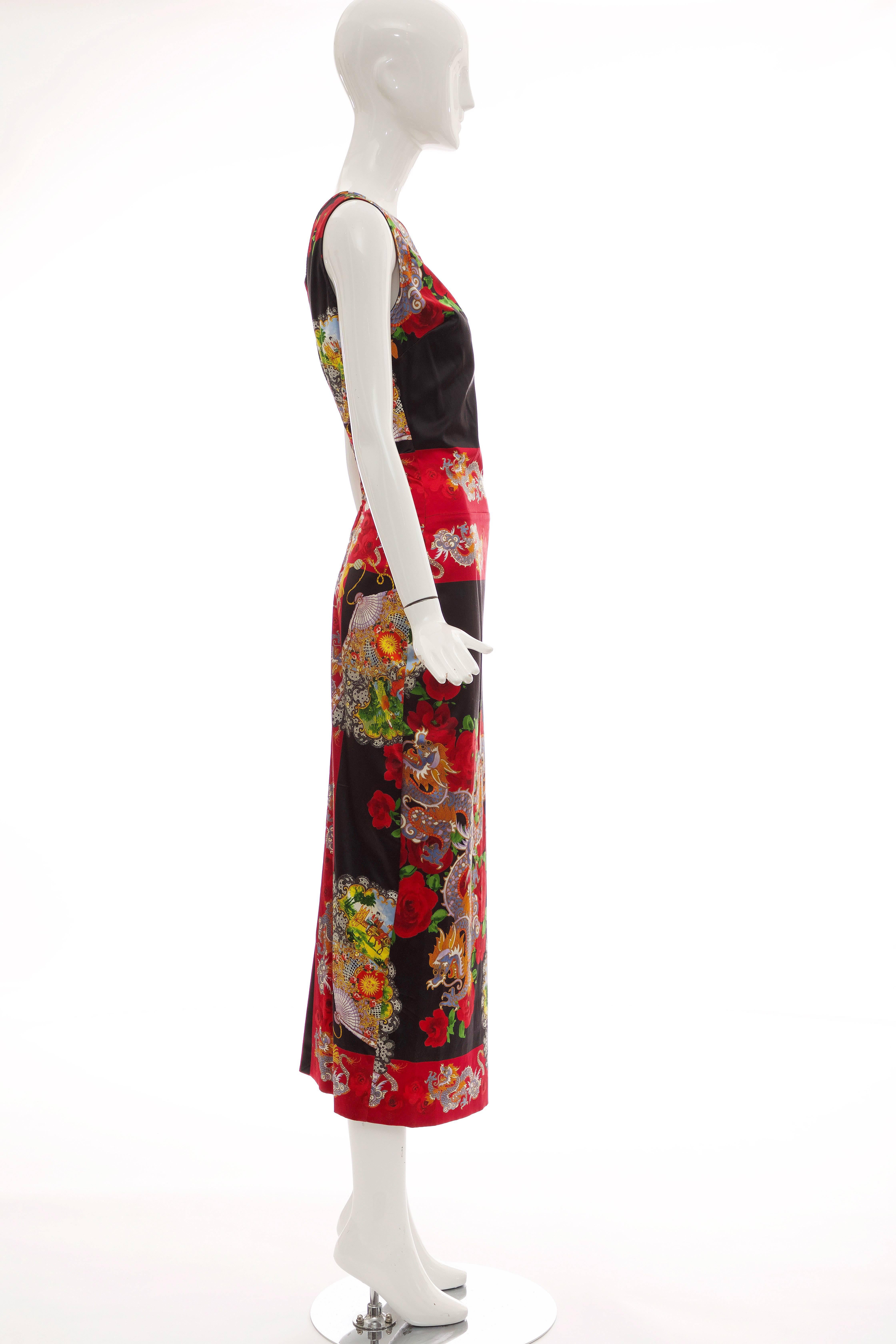 Dolce & Gabbana Printed Dragon & Fan Stretch Silk Satin Evening Dress, Circa 1999 1