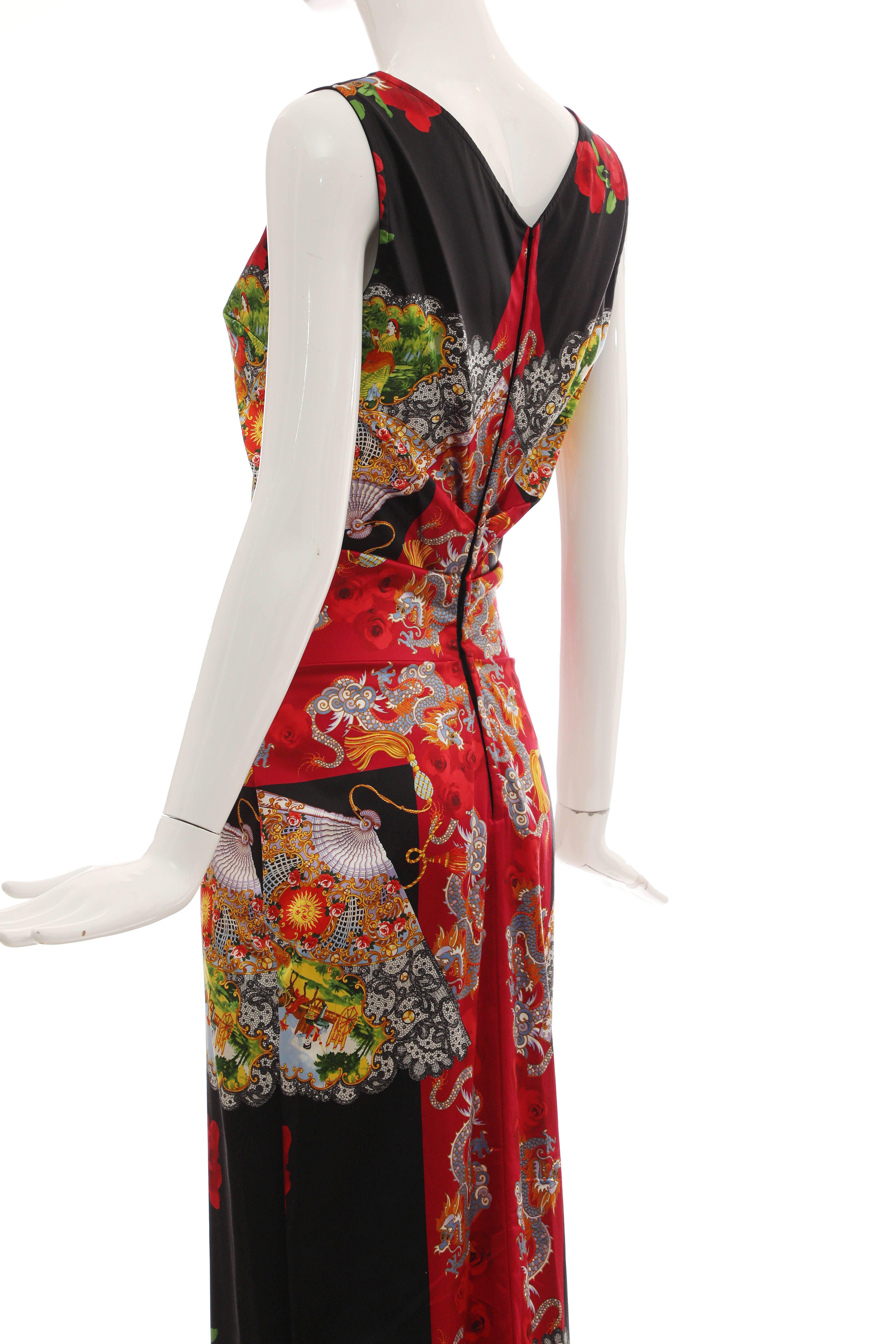 Dolce & Gabbana Printed Dragon & Fan Stretch Silk Satin Evening Dress, Circa 1999 2