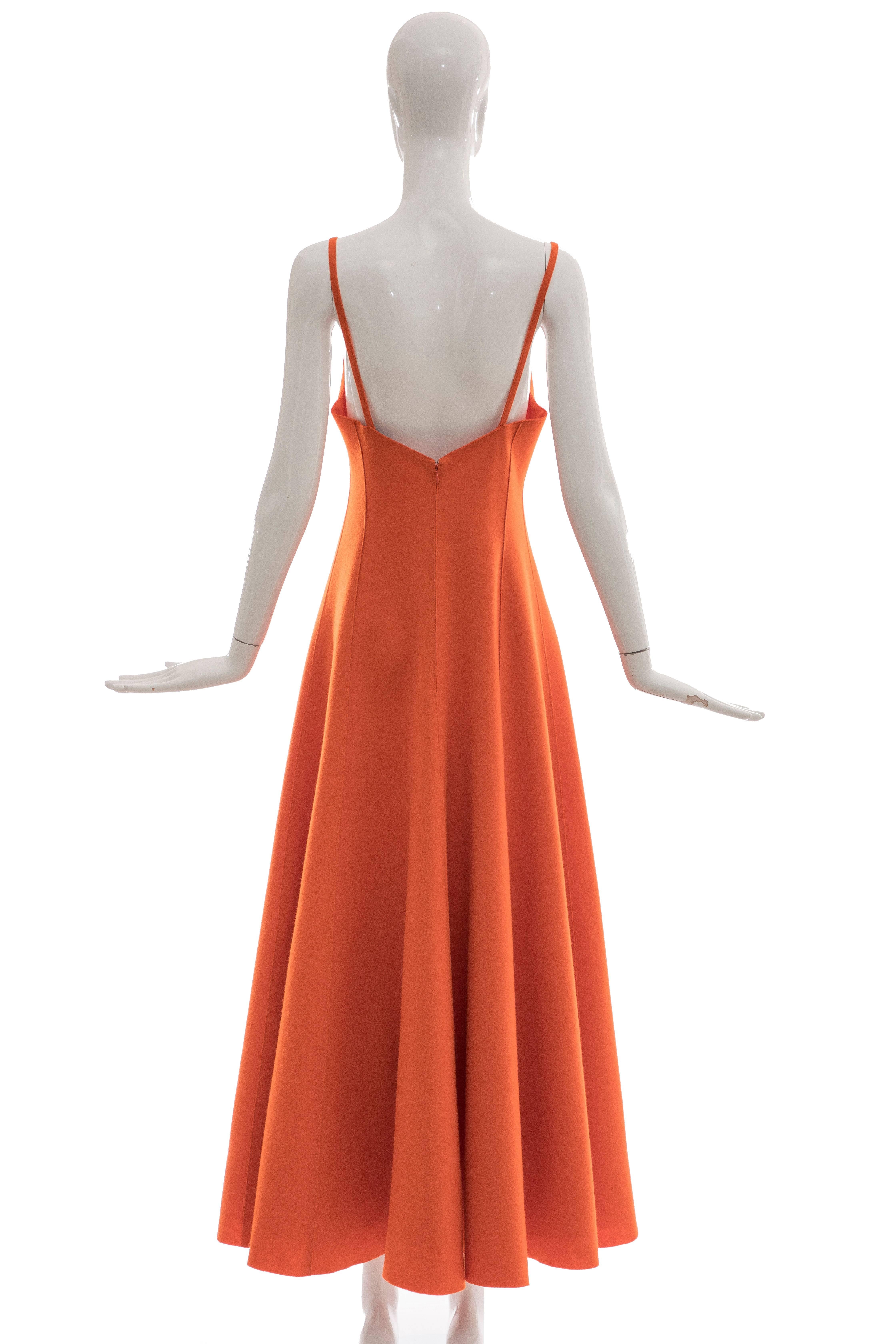 Ralph Lauren, Autumn-Winter 1999 orange wool felt fitted A-line evening dress, spaghetti straps, back zip and fully lined in china silk.

No Size Label

Bust 33, Waist 28, full through the hip, Length 56