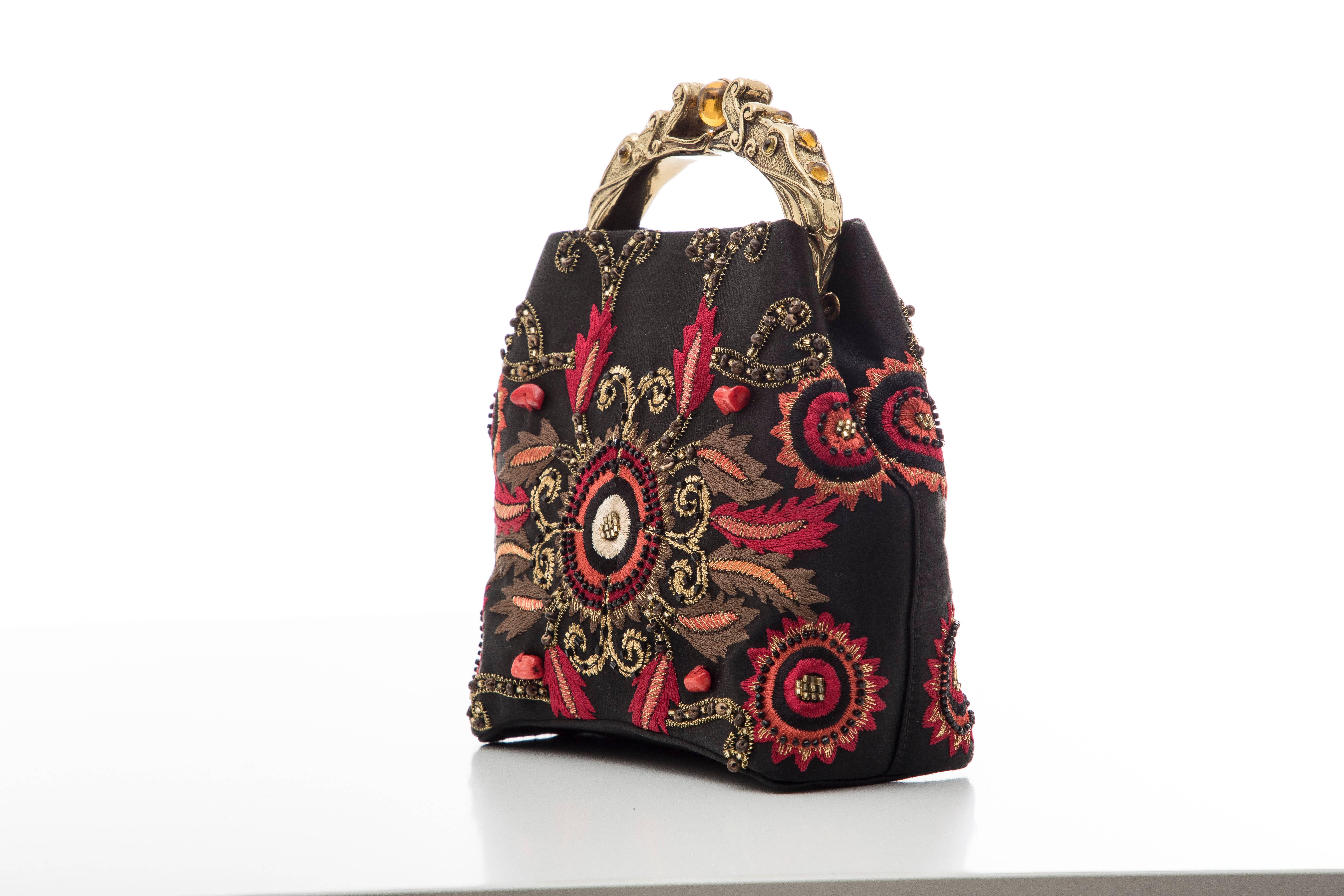 Women's Natori Black Silk Satin Embroidered Evening Bag