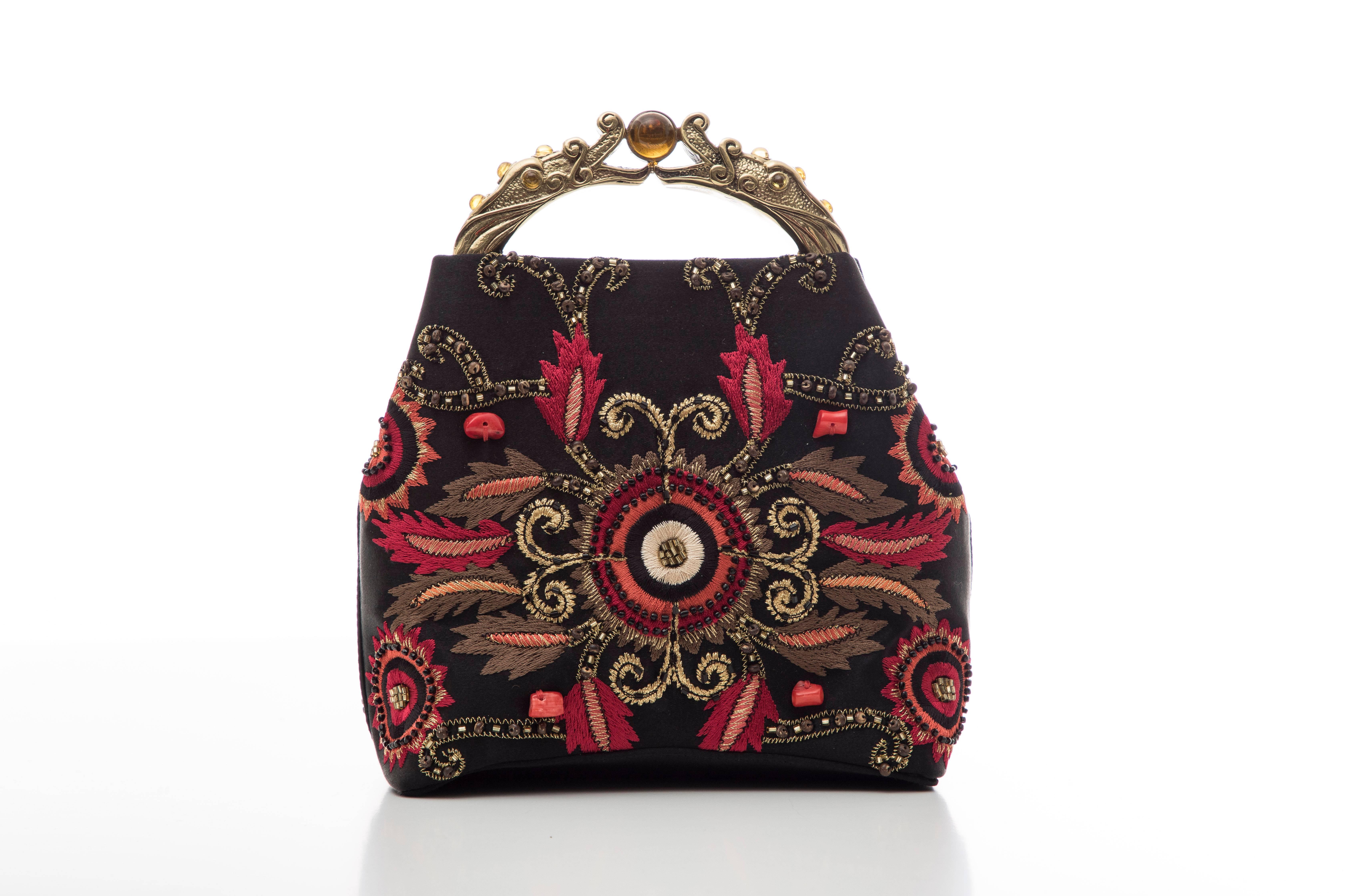Natori Black Silk Satin Embroidered Evening Bag 1