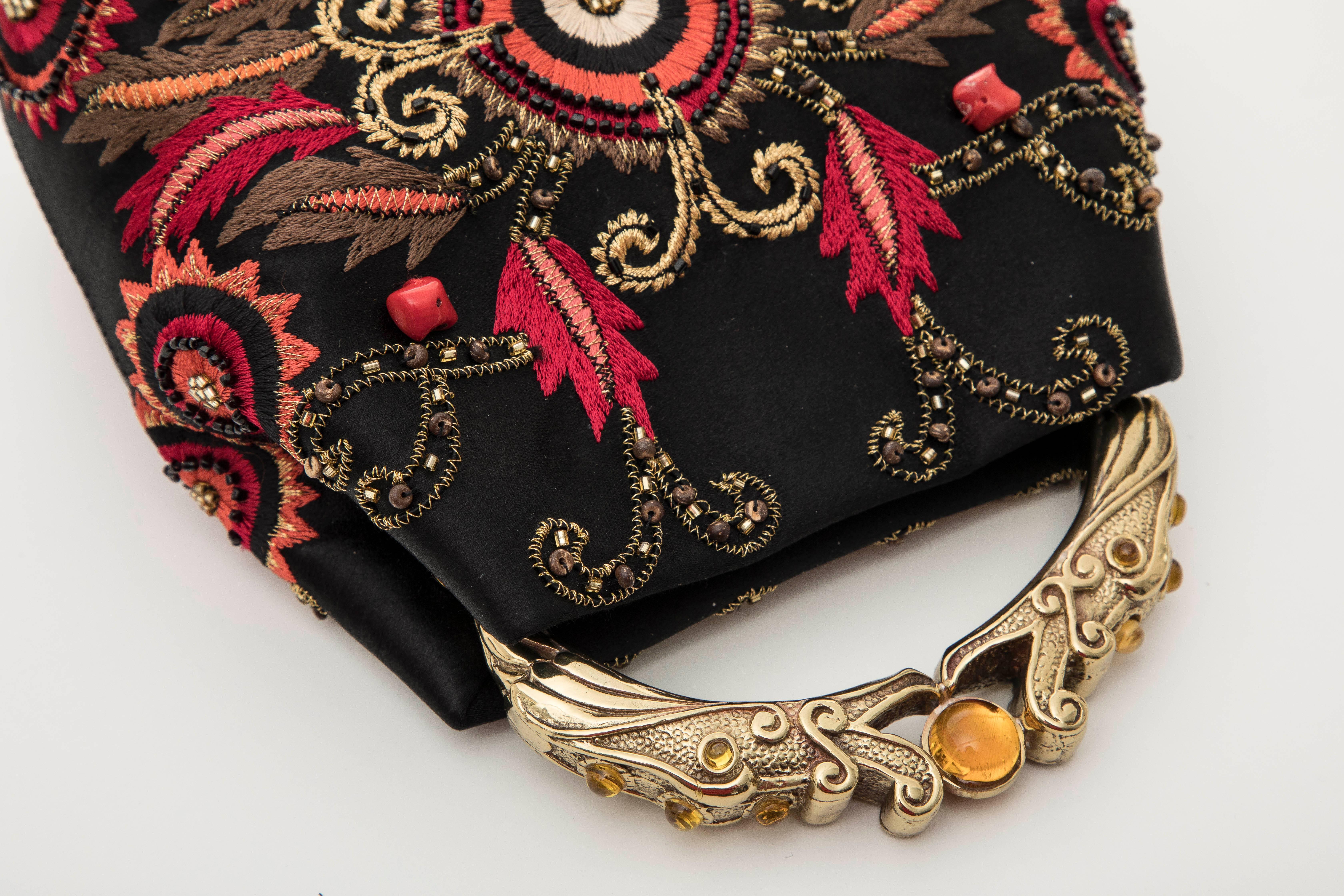 Natori Black Silk Satin Embroidered Evening Bag 3