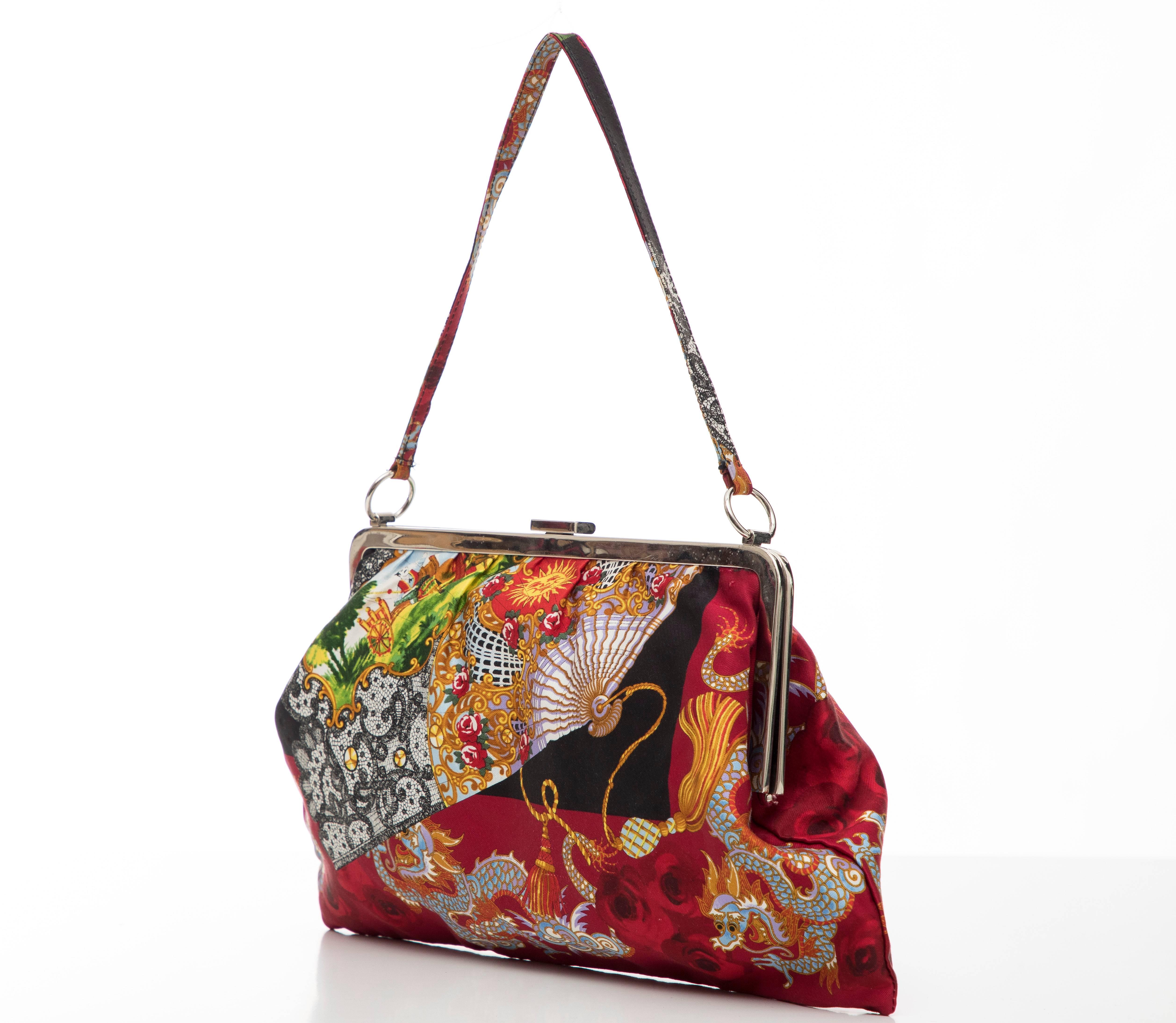 Dolce & Gabbana Printed Fan And Dragon Silk Evening Bag, Circa 1999 In Excellent Condition In Cincinnati, OH