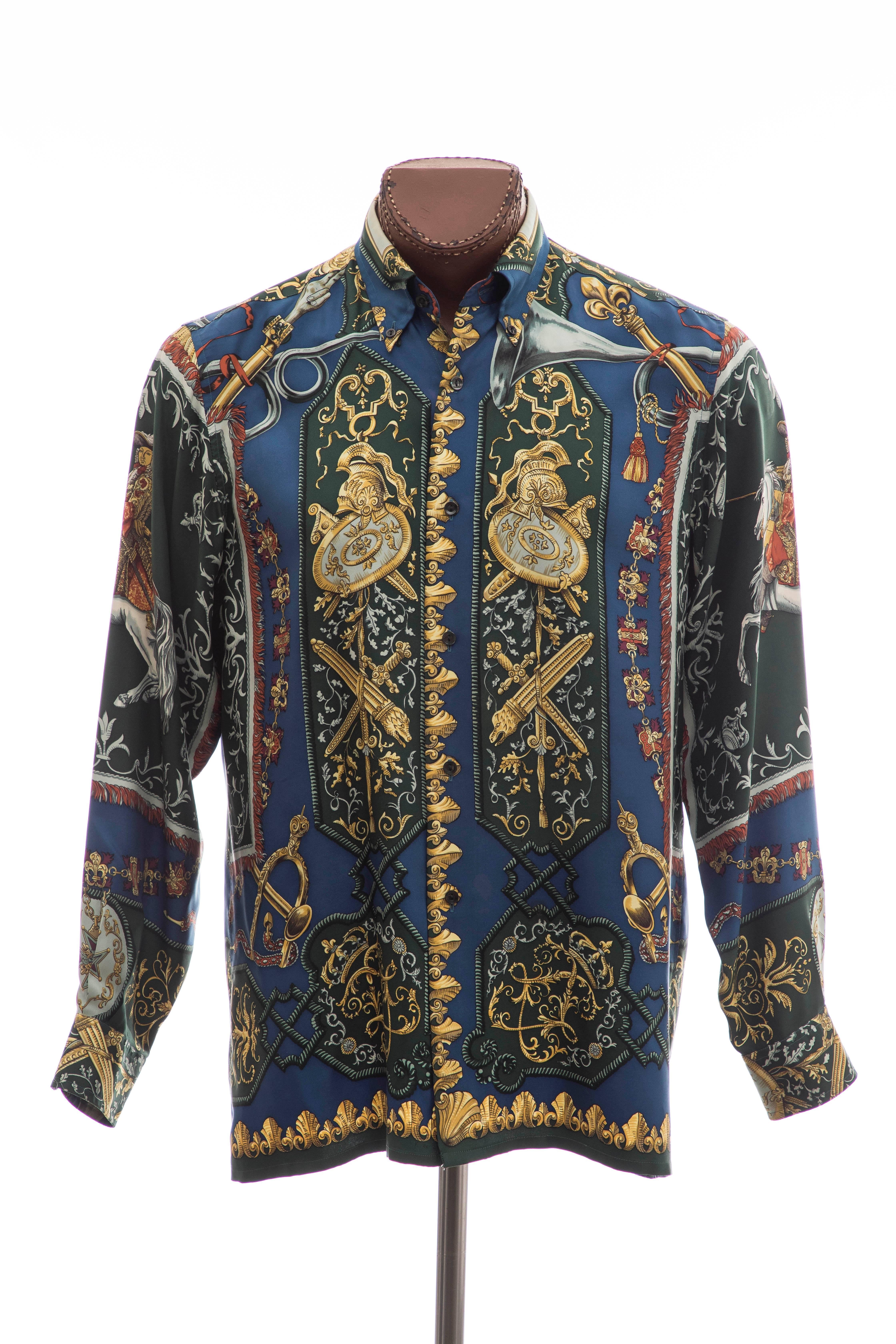 Hermès Men's Printed Silk Button Front Shirt, Circa 1970s 4
