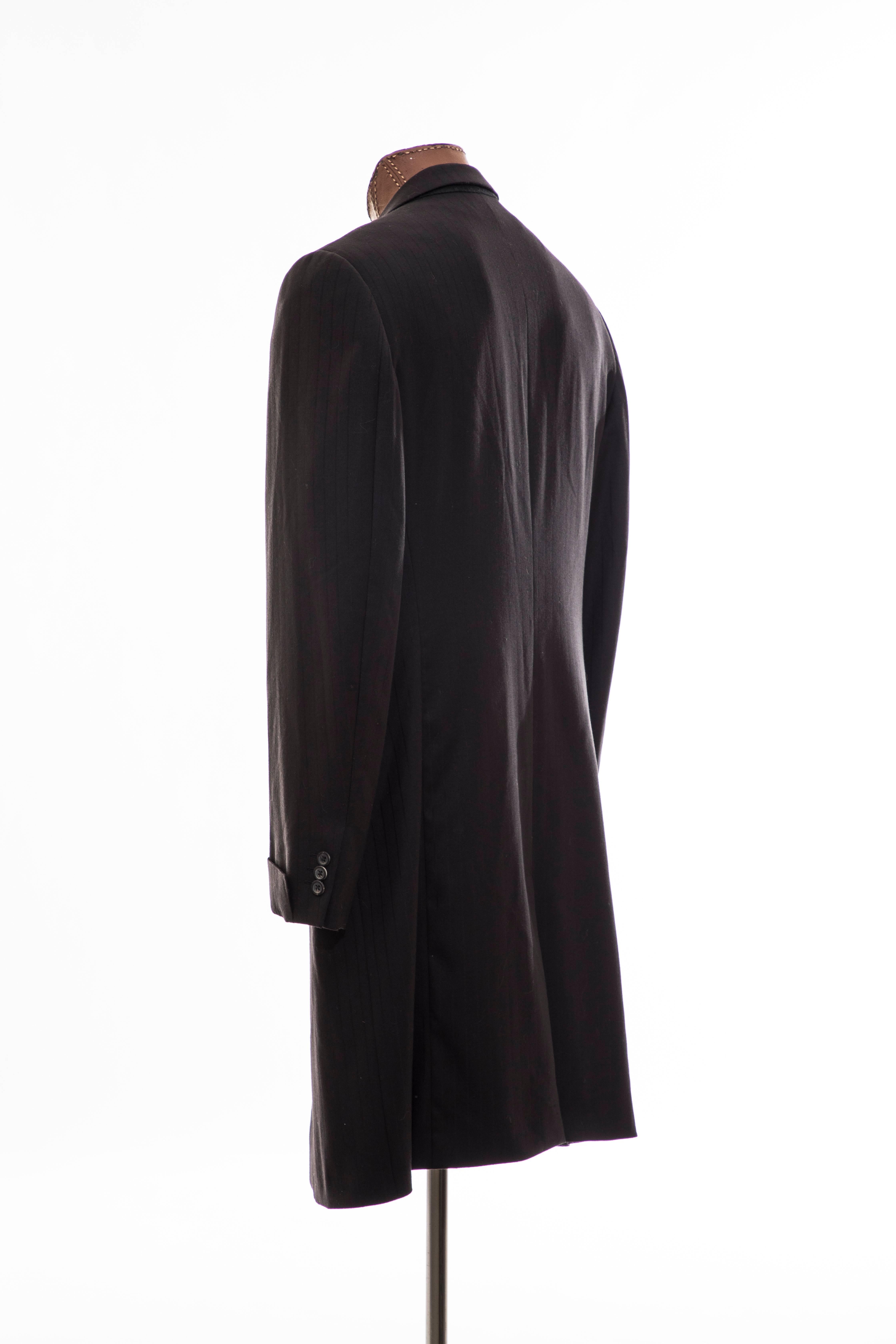 Gianni Versace Couture Men's Black Pinstriped Wool Overcoat, Circa 1990's For Sale 1
