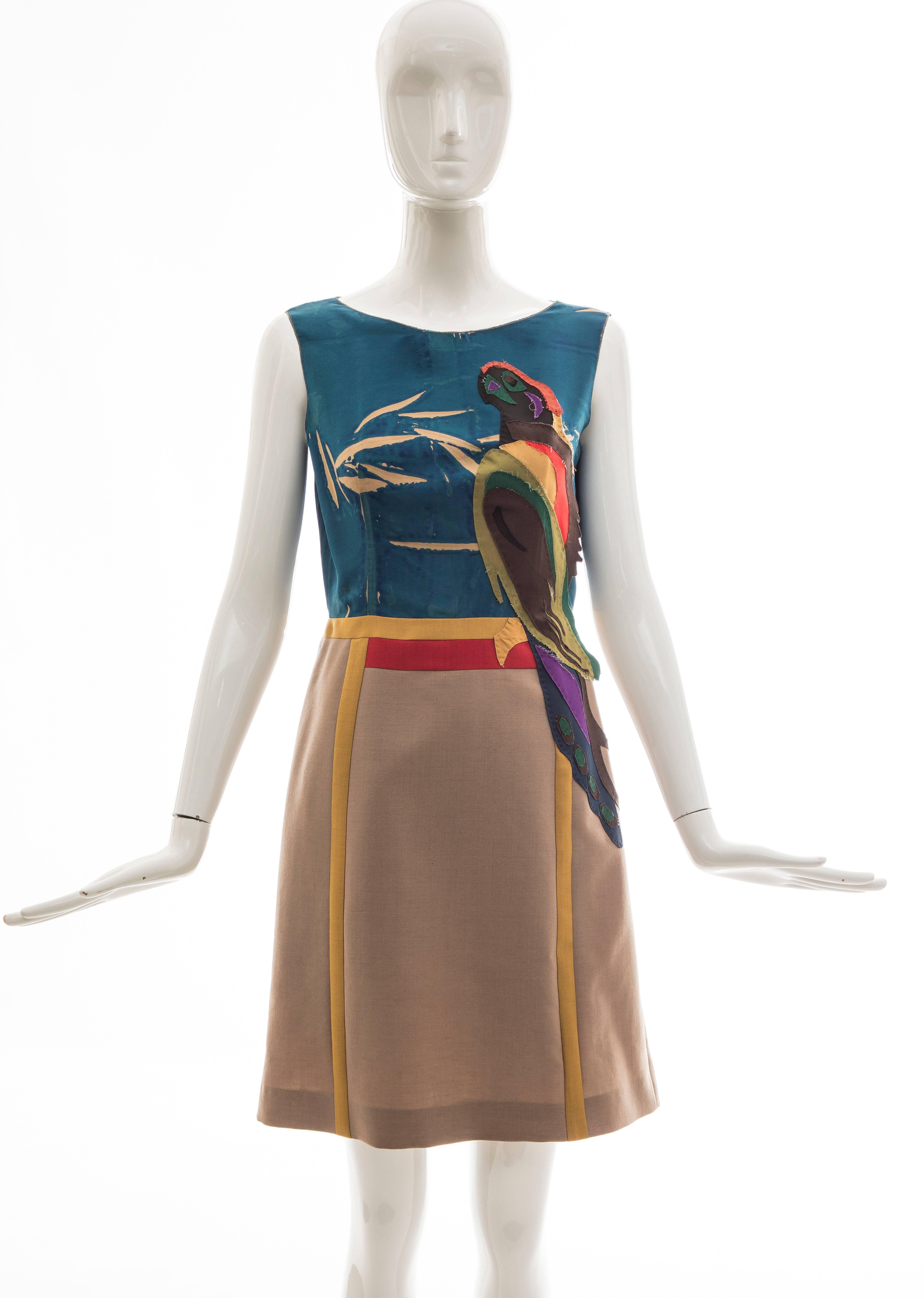 Prada, Spring 2005, sleeveless silk dress with applique parrot motif, wool skirt, fully lined and conceal
Fabric Content: 100% Silk; Bottom 60% Mohair, 40% Wool; Applications 100% Silk

IT. 42, US. 6
Bust 34, Waist 27, Hips 40, Length36, Shoulder 14