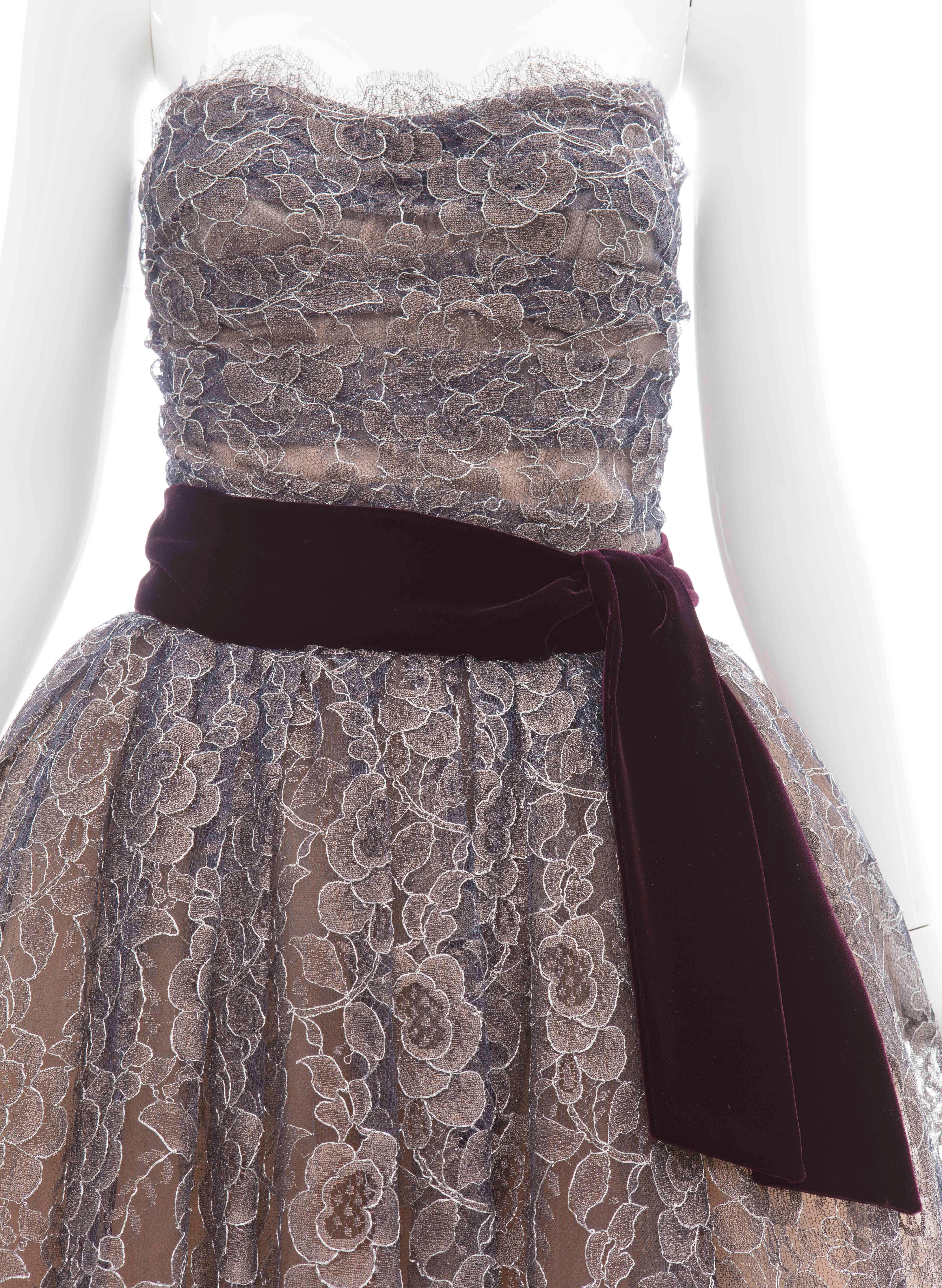 Gray Dolce & Gabbana Navy Blue Strapless Lace Velvet Evening Dress For Sale