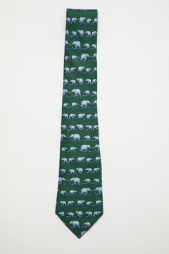 Hermes Men's Emerald Green Silk Twill Tie With Blue Elephants, Circa 1990's