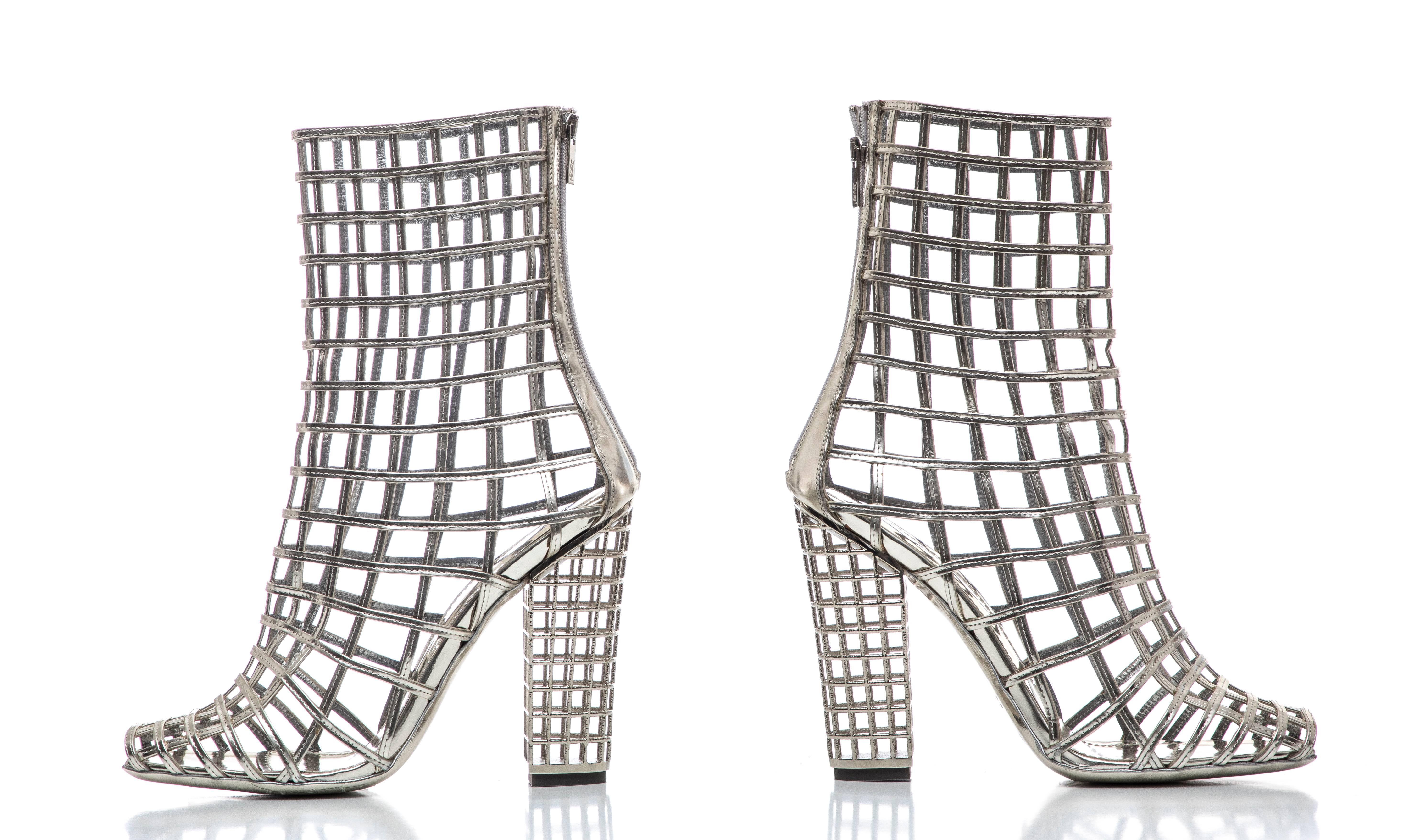 Yves Saint Laurent Silver Metallic Leather Caged Ankle Boots, Spring 2009 2