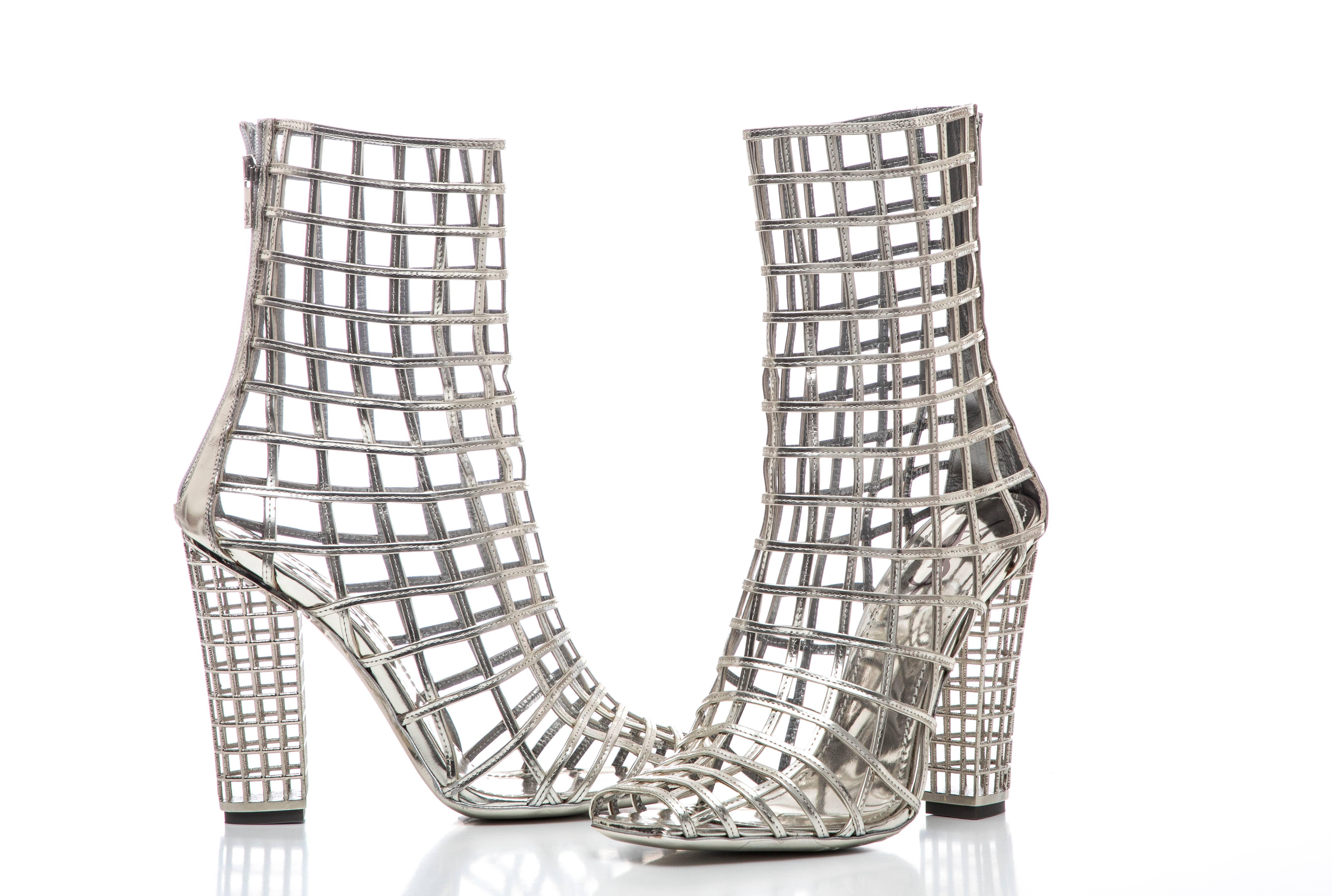 Yves Saint Laurent Silver Metallic Leather Caged Ankle Boots, Spring 2009 3