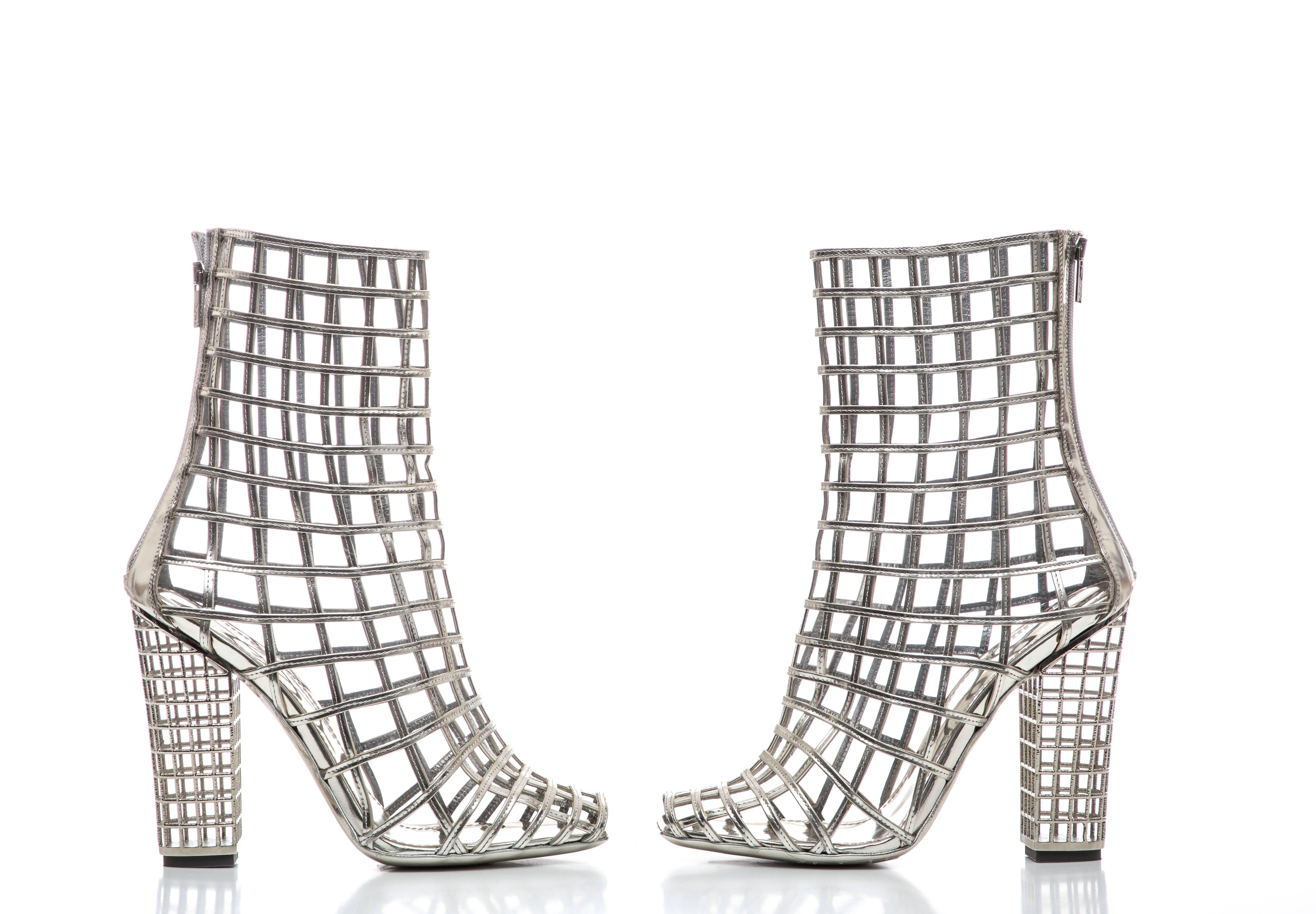 Yves Saint Laurent Silver Metallic Leather Caged Ankle Boots, Spring 2009 4