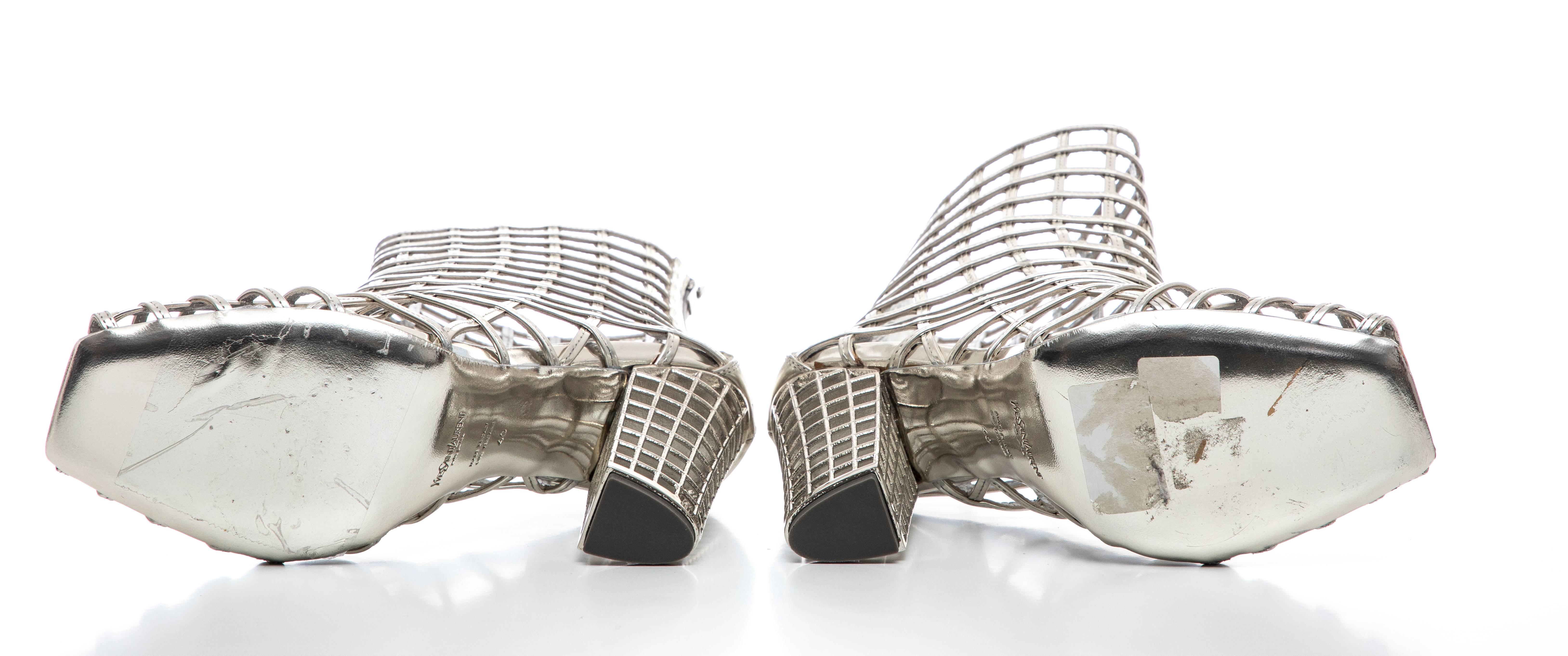 Yves Saint Laurent Silver Metallic Leather Caged Ankle Boots, Spring 2009 6