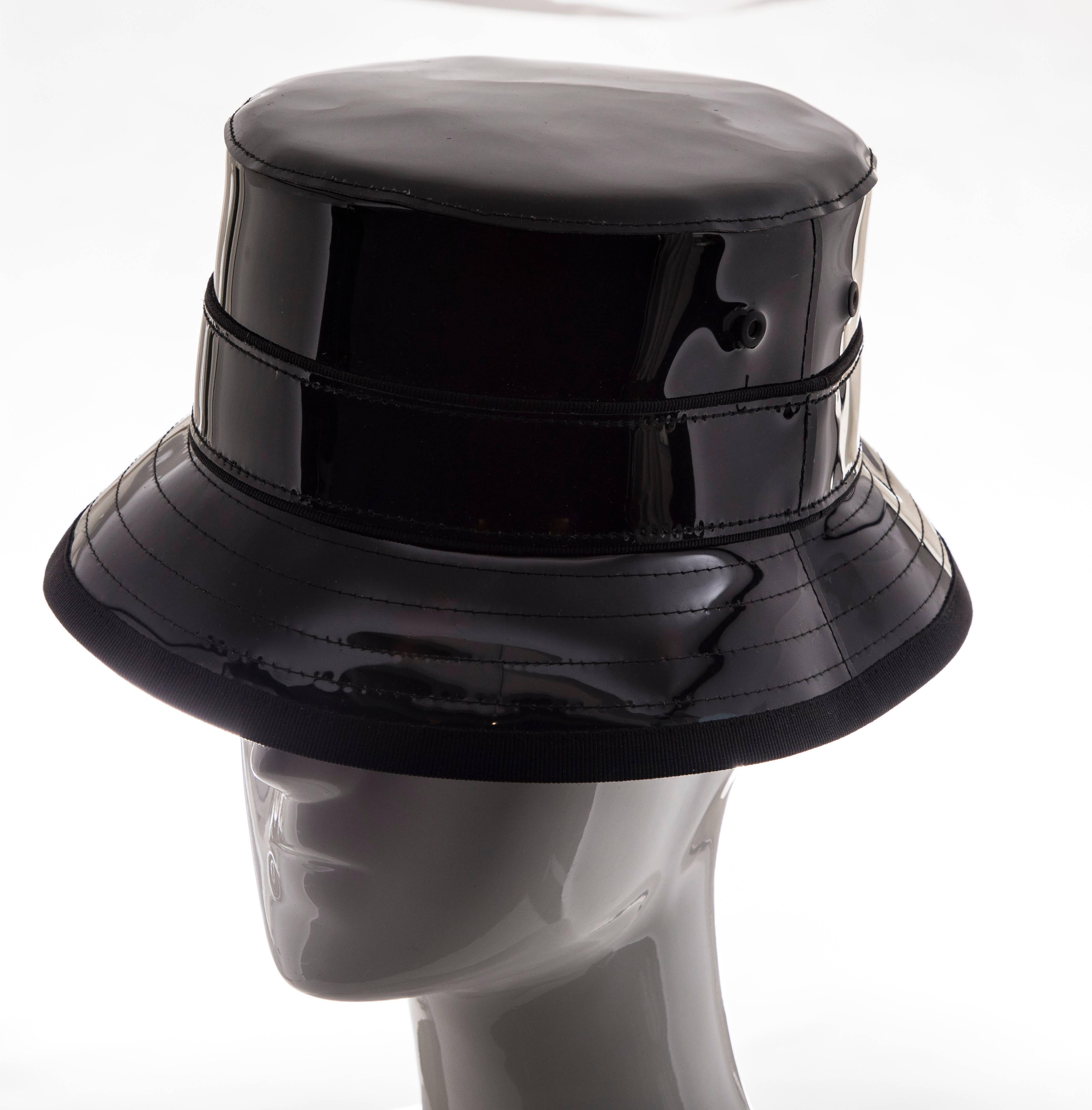Givenchy Riccardo Tisci, Spring 2017 men's runway black patent leather bucket hat.

Designer size 59.

Circumference: 23.25, Brim: 2
