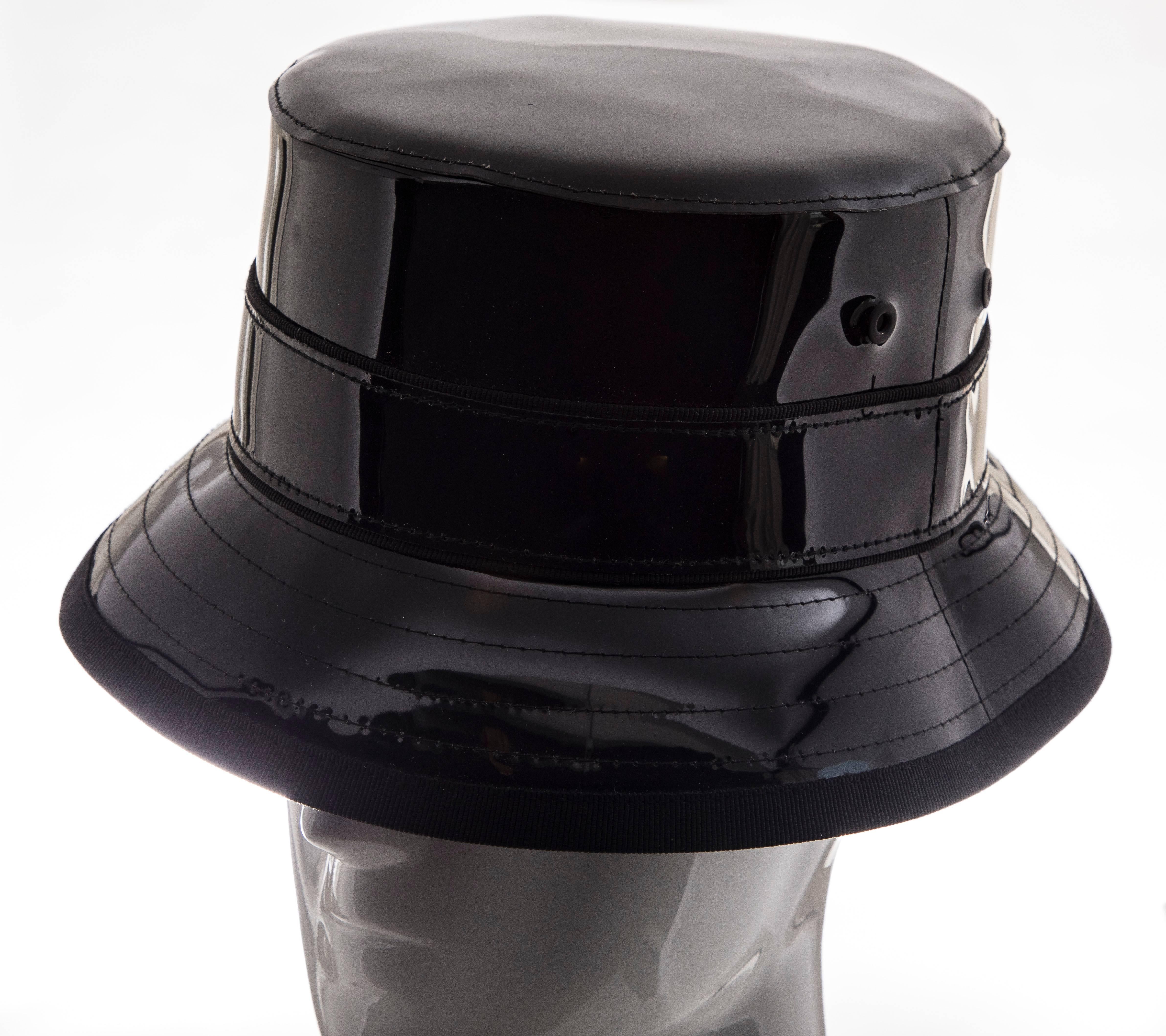 black patent bucket hat