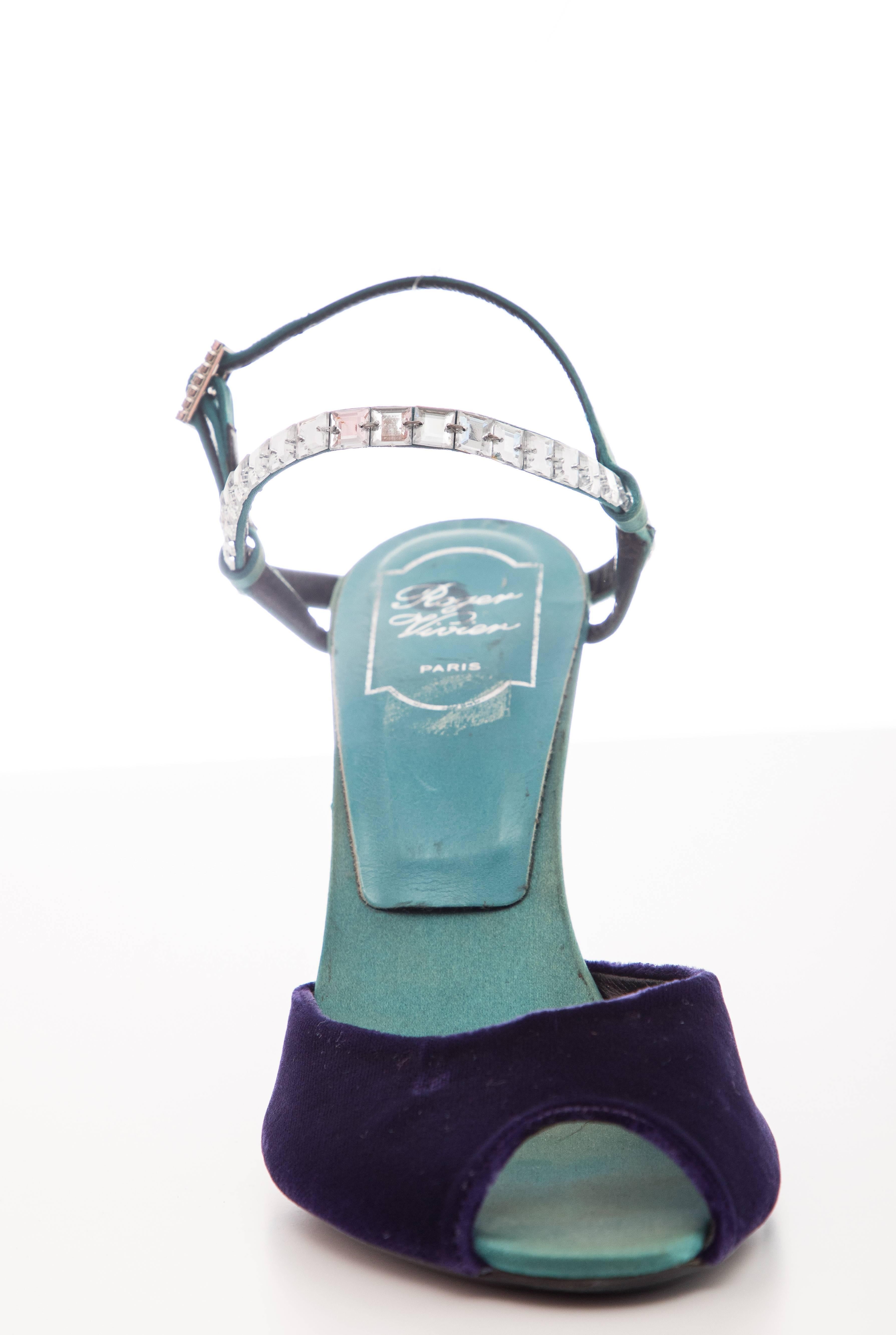 Women's Roger Vivier Silk Satin Velvet Pumps With Beveled Square Crystal Ankle Straps For Sale