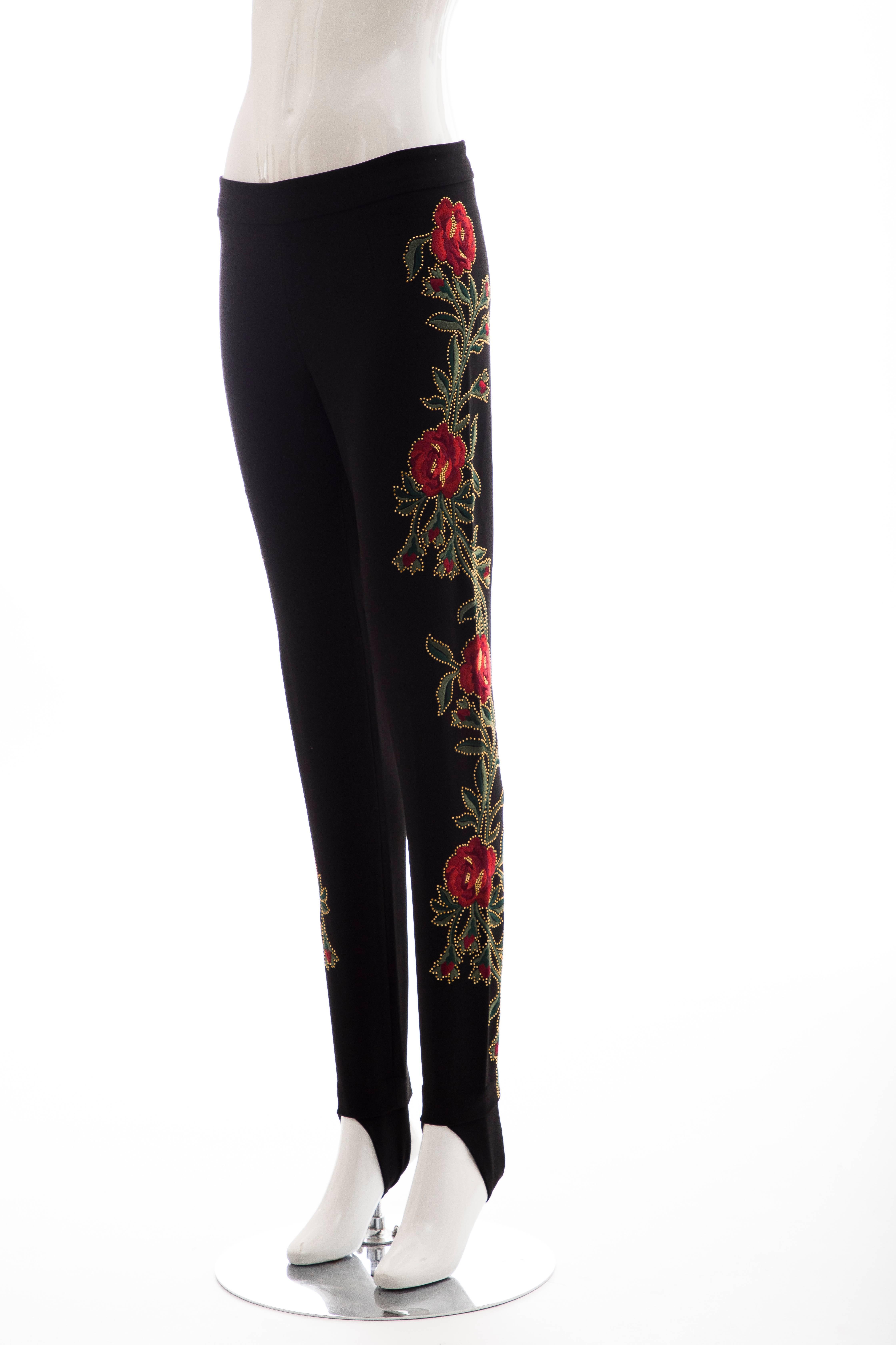 Moschino Runway Black Floral Embroidered & Gold Studded Pants, Fall 2013 In New Condition For Sale In Cincinnati, OH