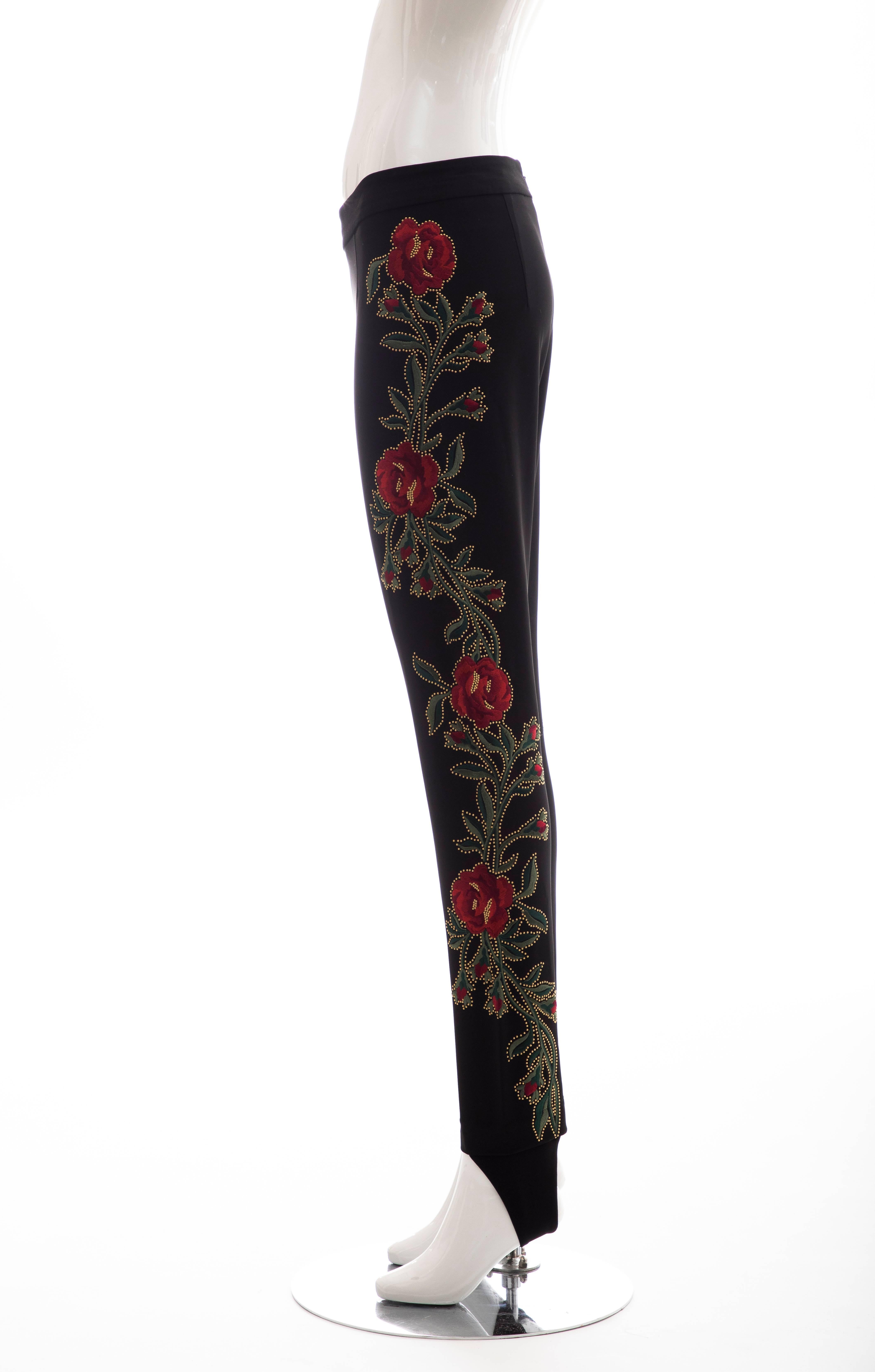Women's or Men's Moschino Runway Black Floral Embroidered & Gold Studded Pants, Fall 2013 For Sale