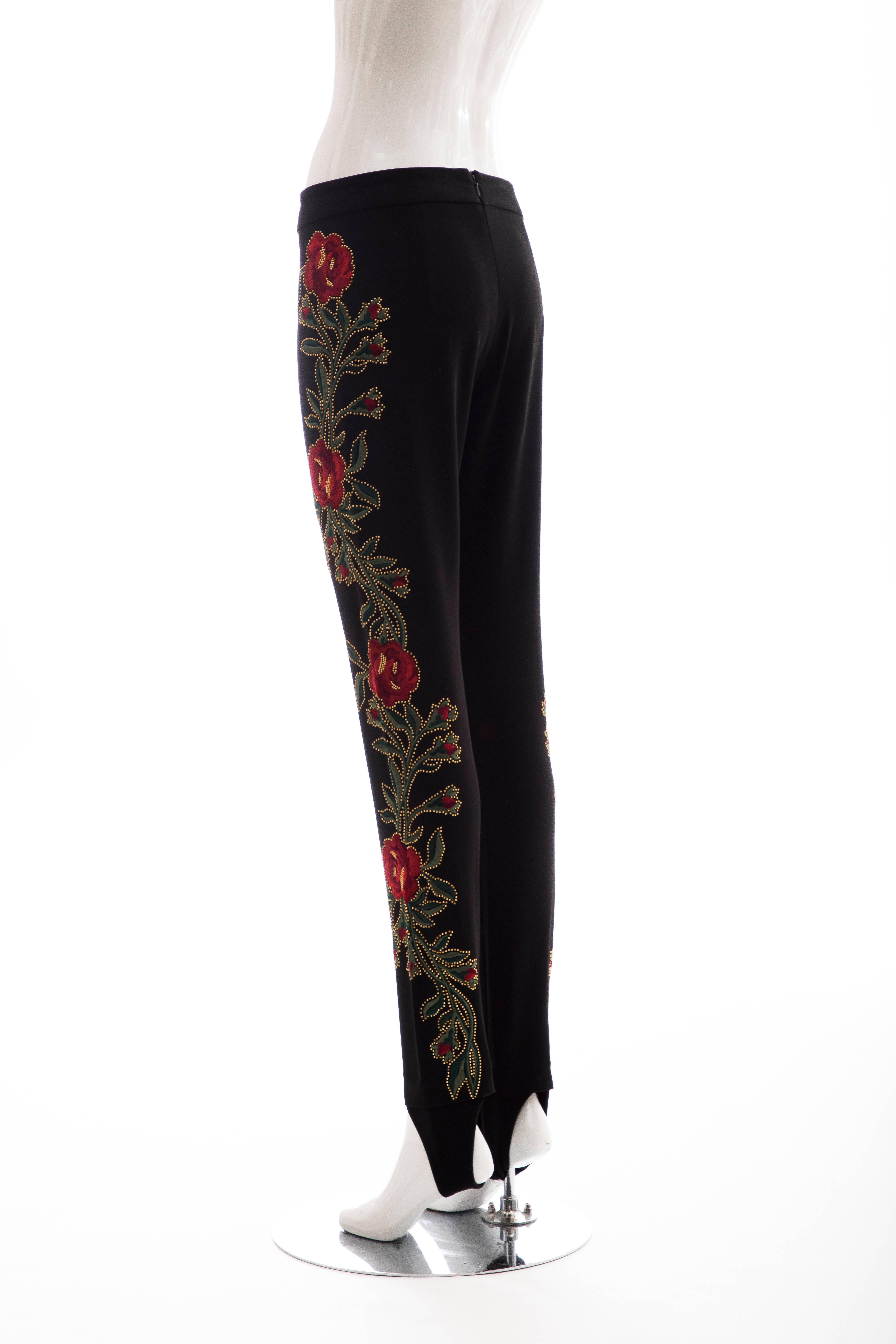 Moschino Runway Black Floral Embroidered & Gold Studded Pants, Fall 2013 For Sale 1