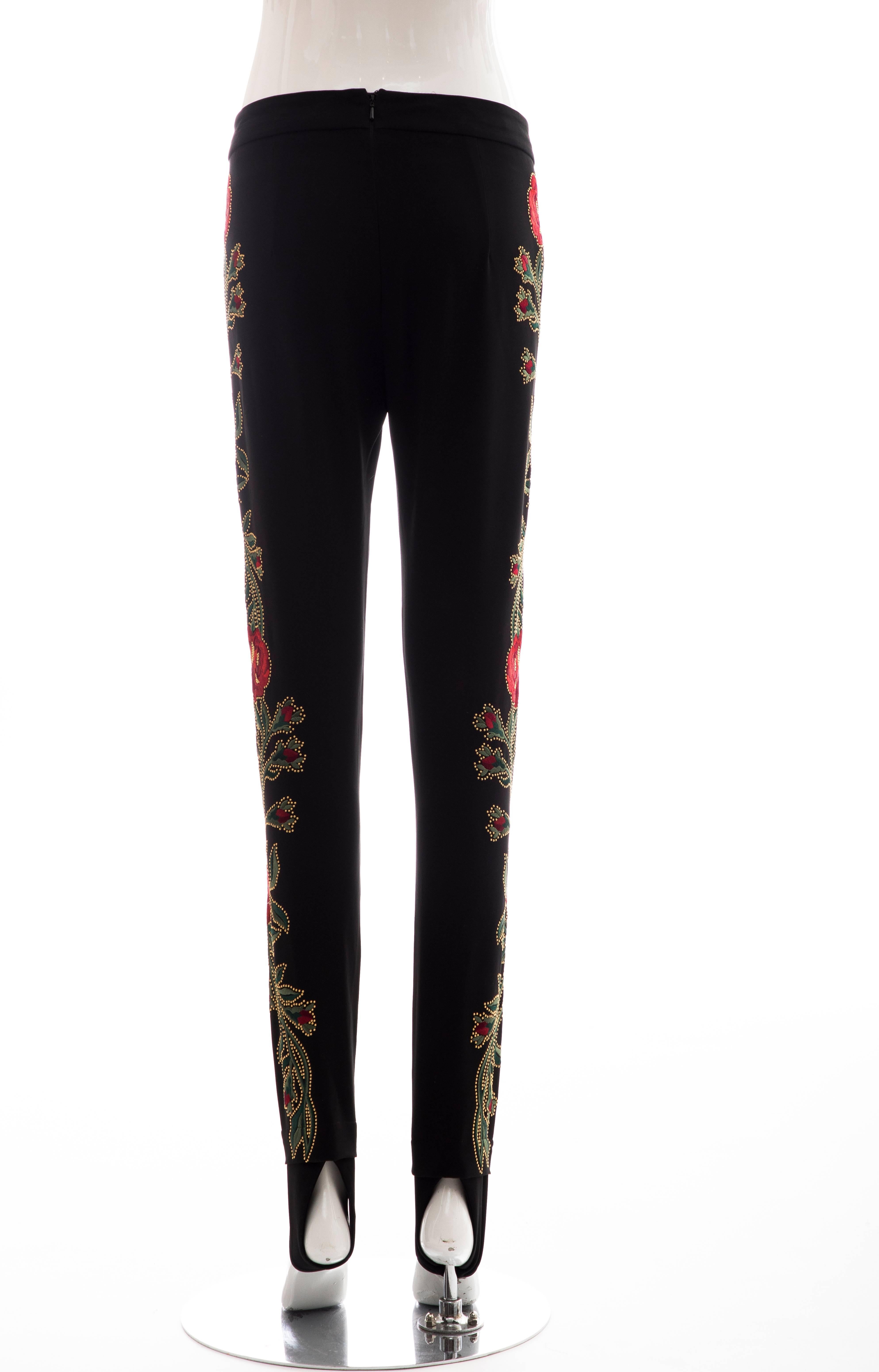 Moschino Runway Black Floral Embroidered & Gold Studded Pants, Fall 2013 For Sale 2