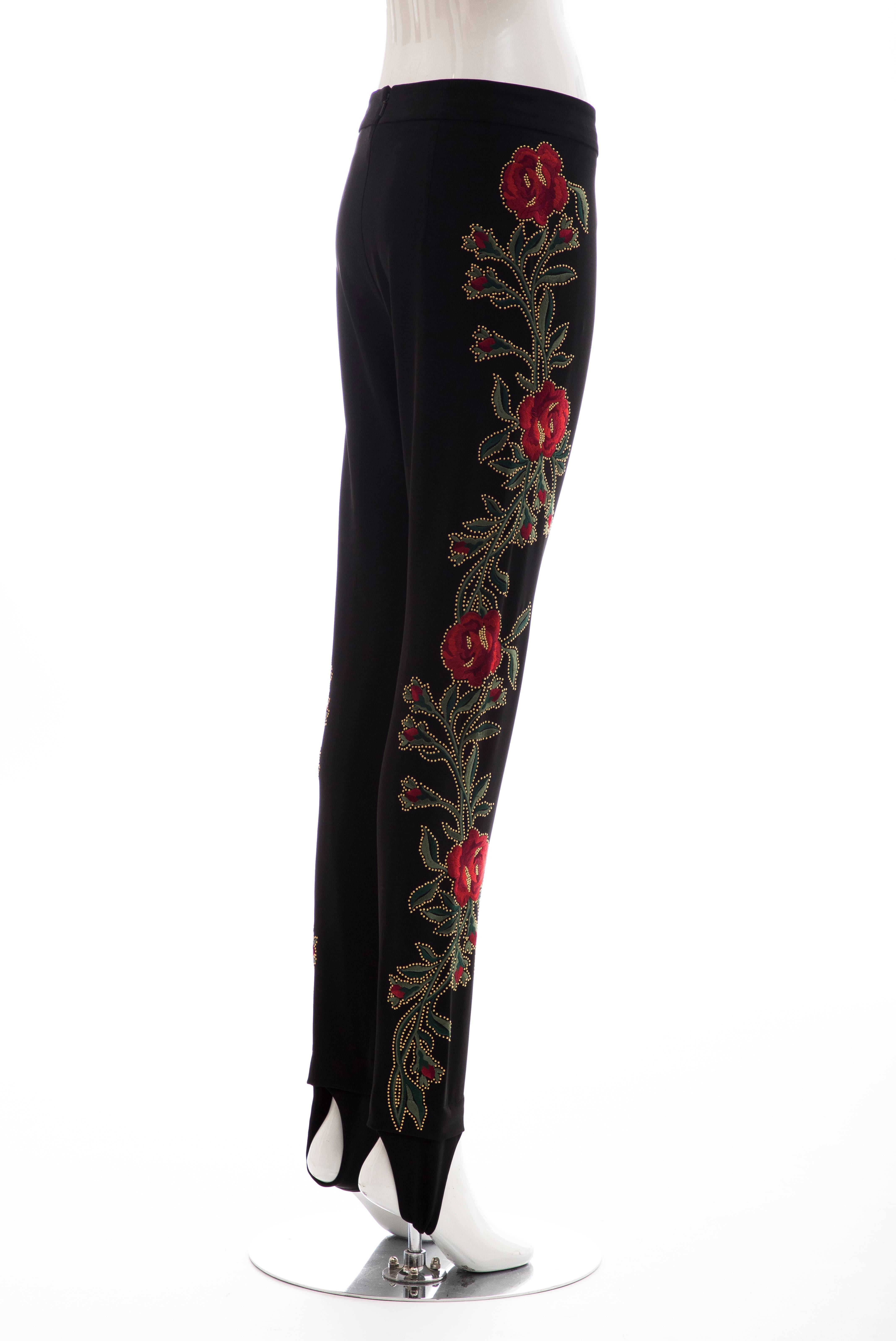 Moschino Runway Black Floral Embroidered & Gold Studded Pants, Fall 2013 For Sale 3
