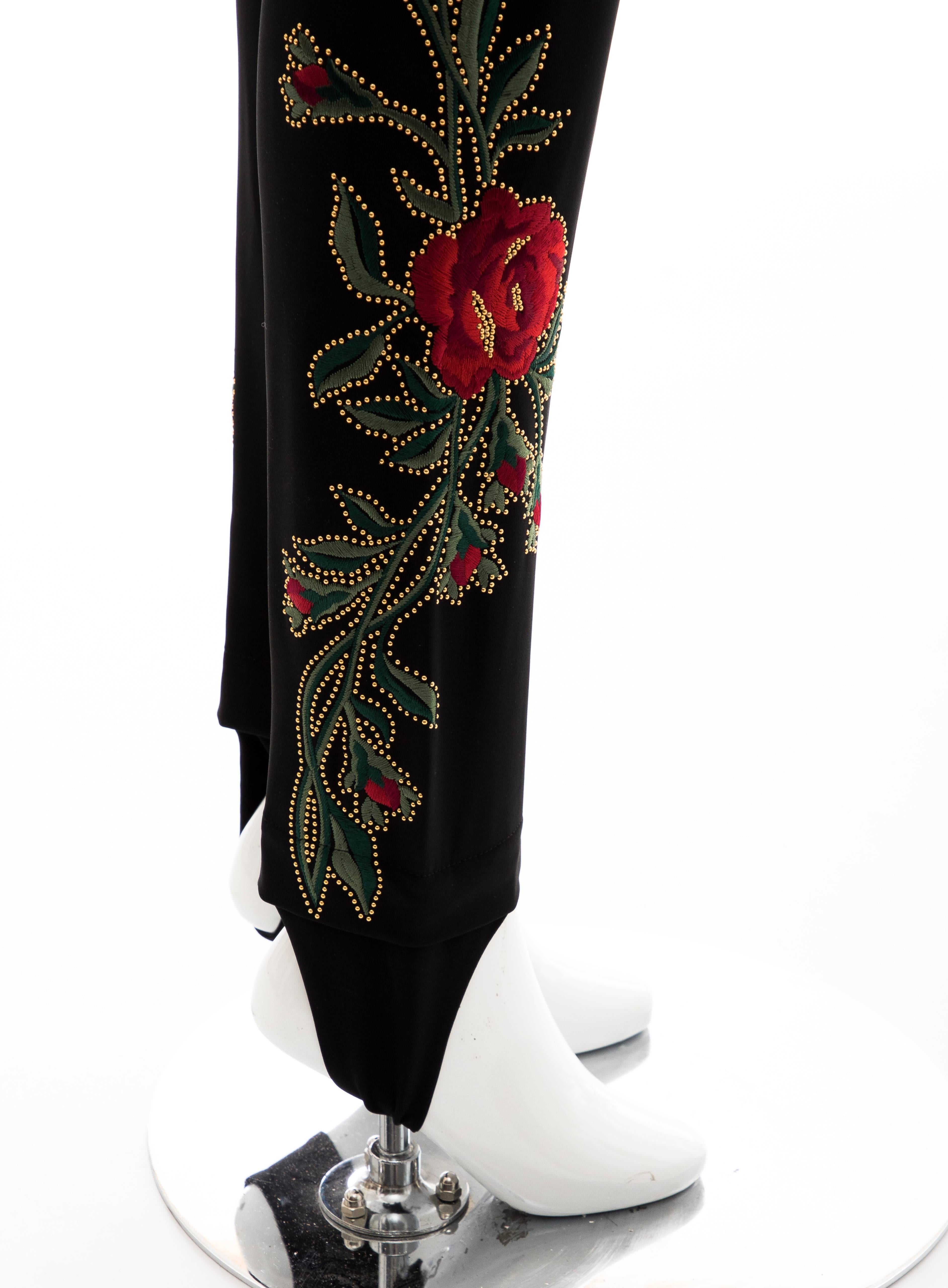 Moschino Runway Black Floral Embroidered & Gold Studded Pants, Fall 2013 For Sale 4