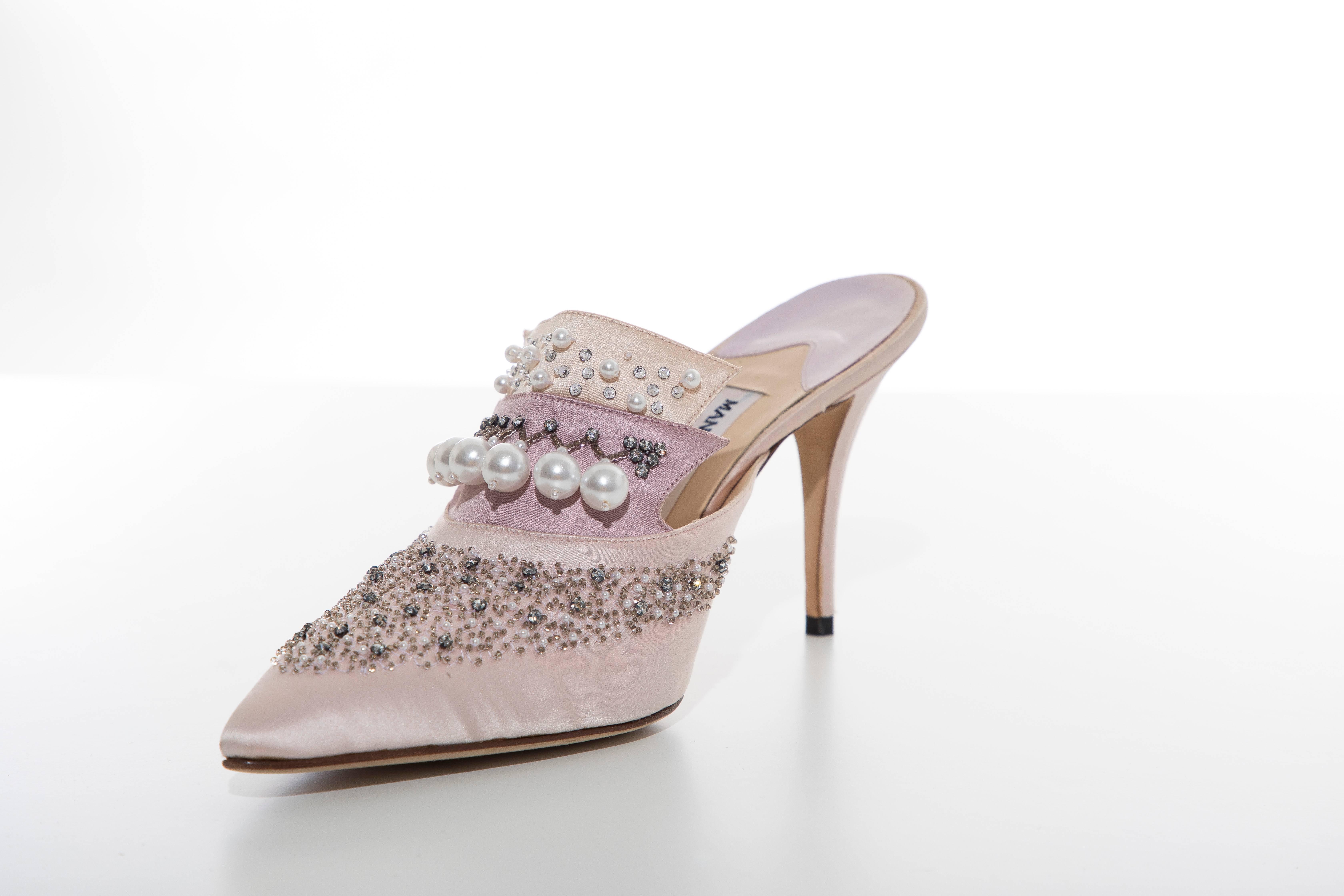 Manolo Blahnik Silk Satin Pearl Mules 