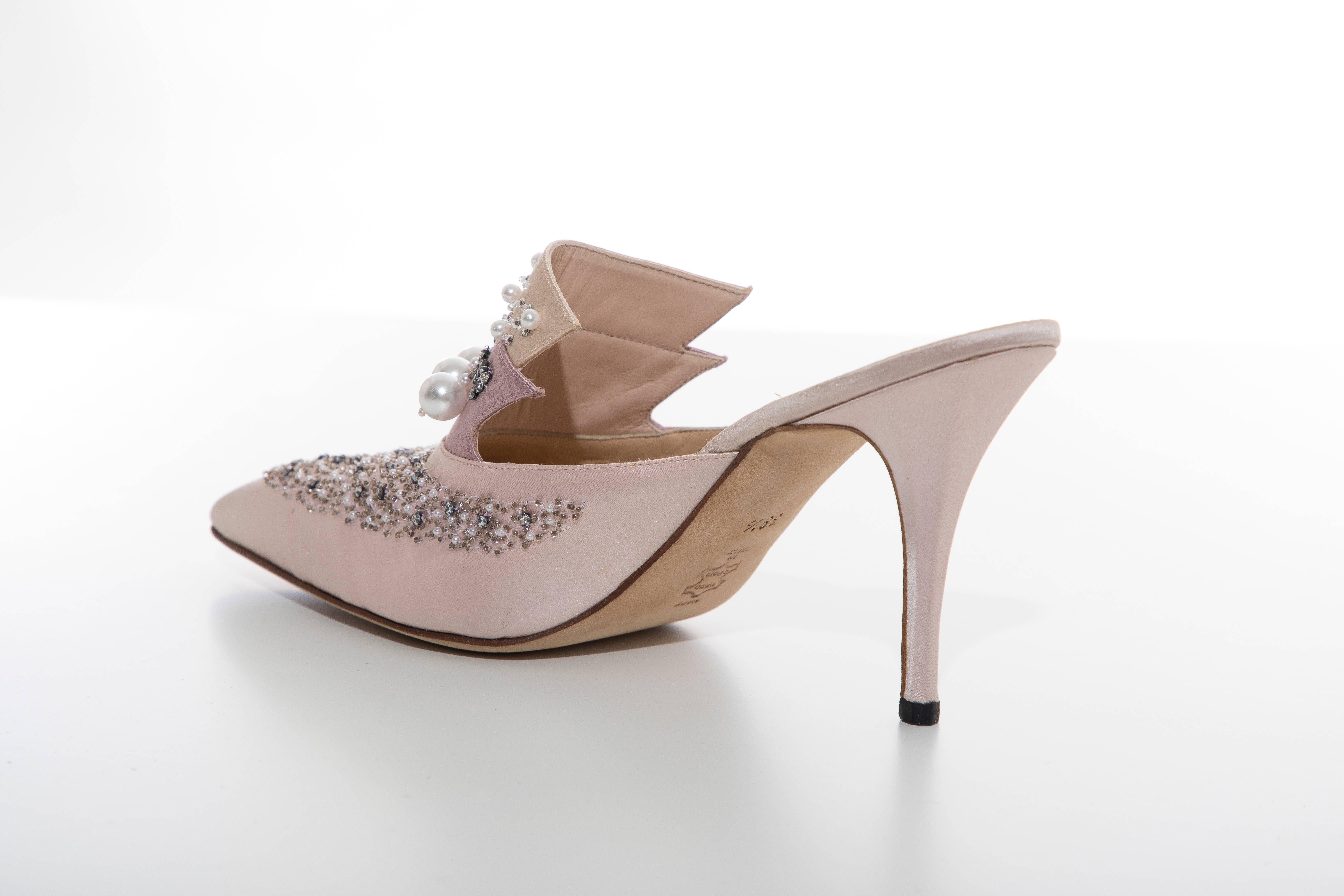 Manolo Blahnik Silk Satin Pearl Mules 