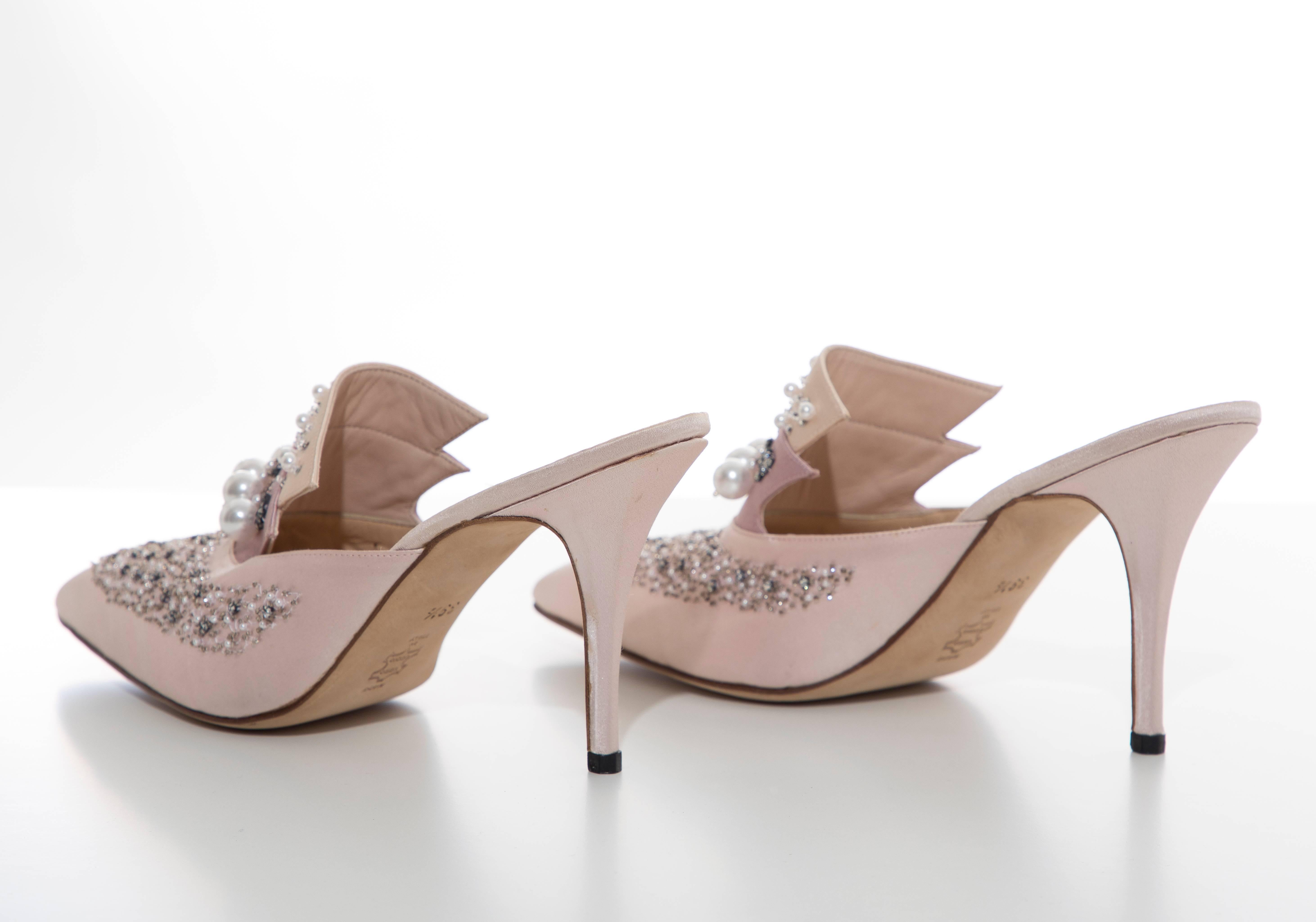 Manolo Blahnik Silk Satin Pearl Mules 