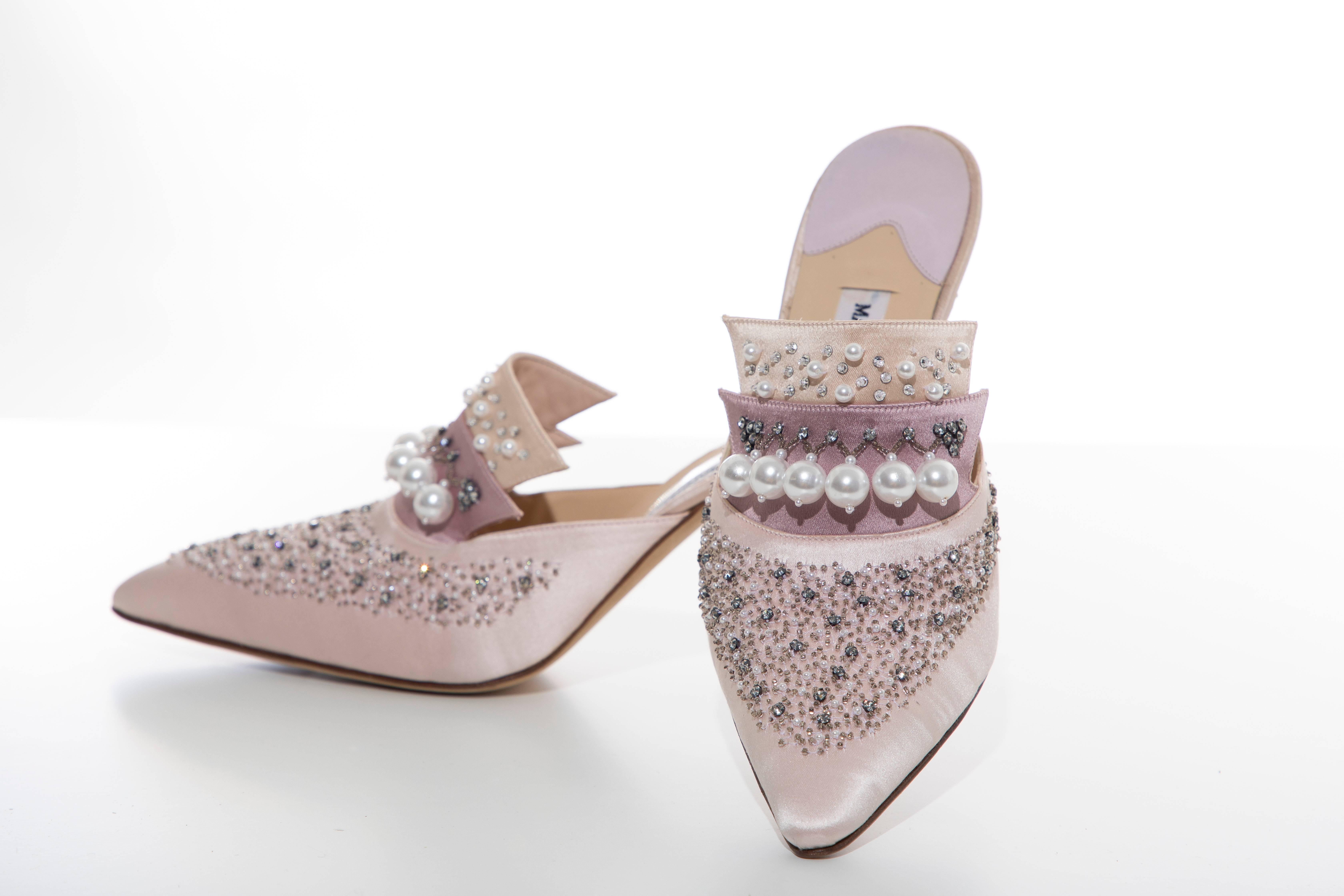 Manolo Blahnik Silk Satin Pearl Mules 