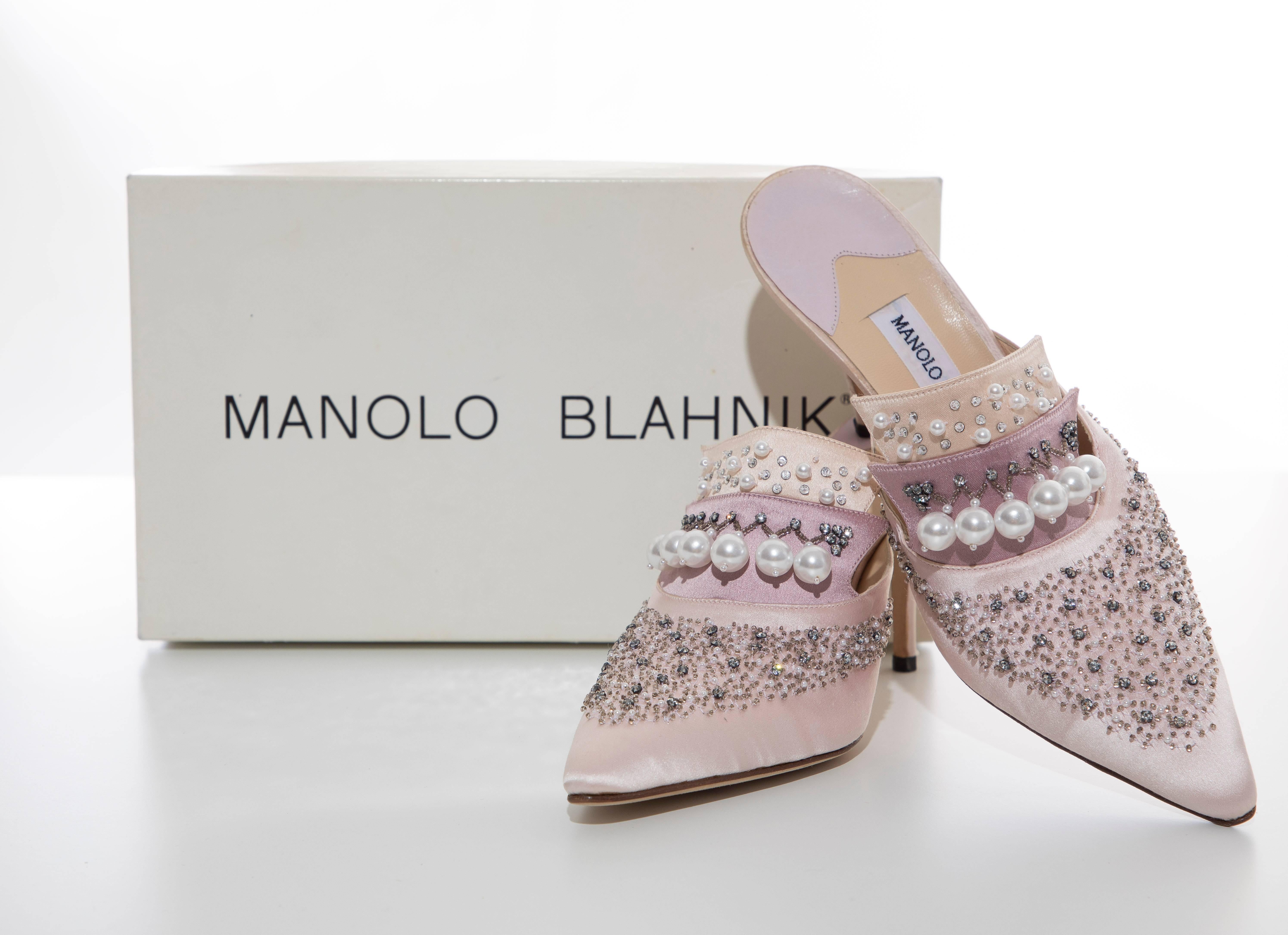 Manolo Blahnik Silk Satin Pearl Mules 