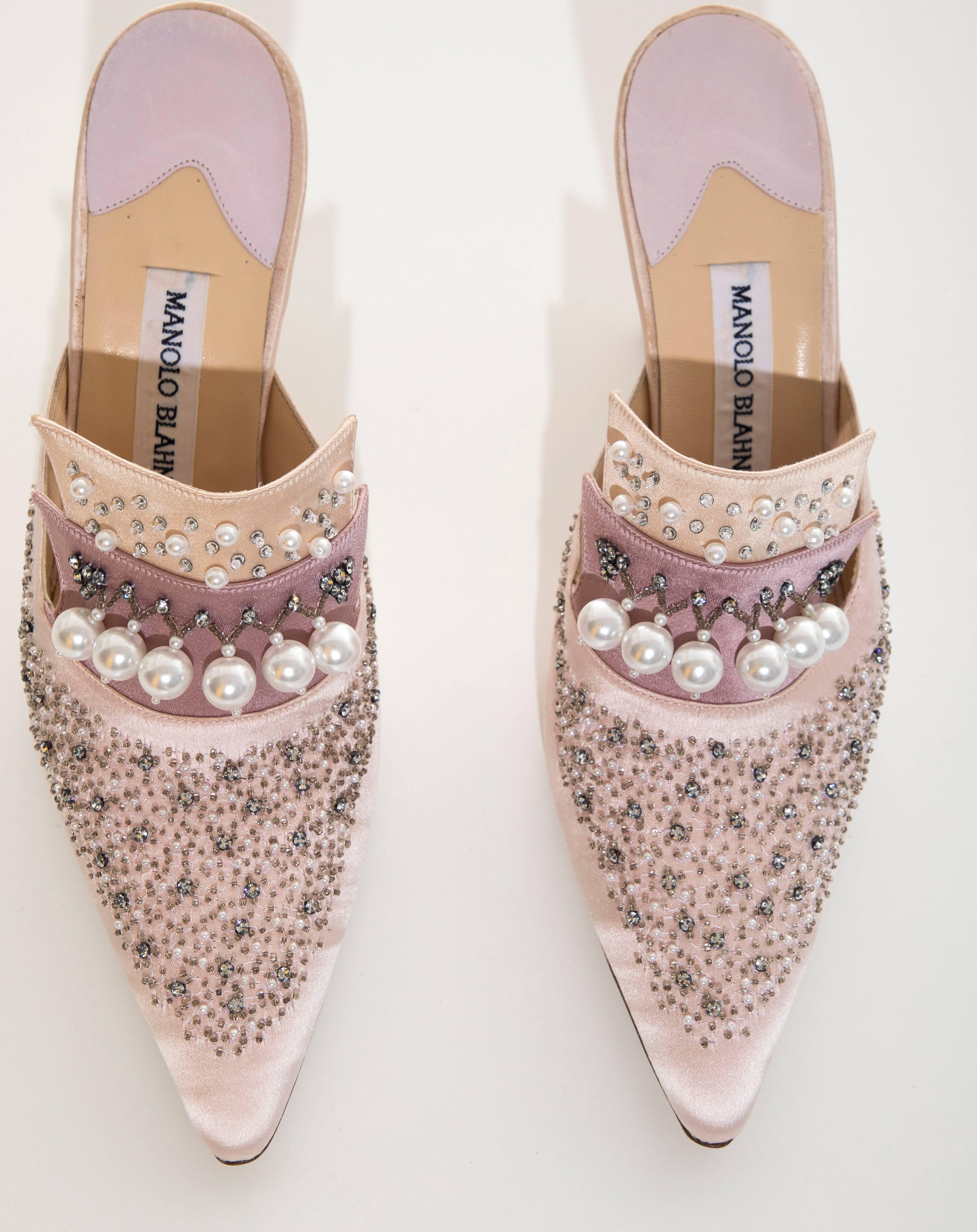 Manolo Blahnik Silk Satin Pearl Mules 