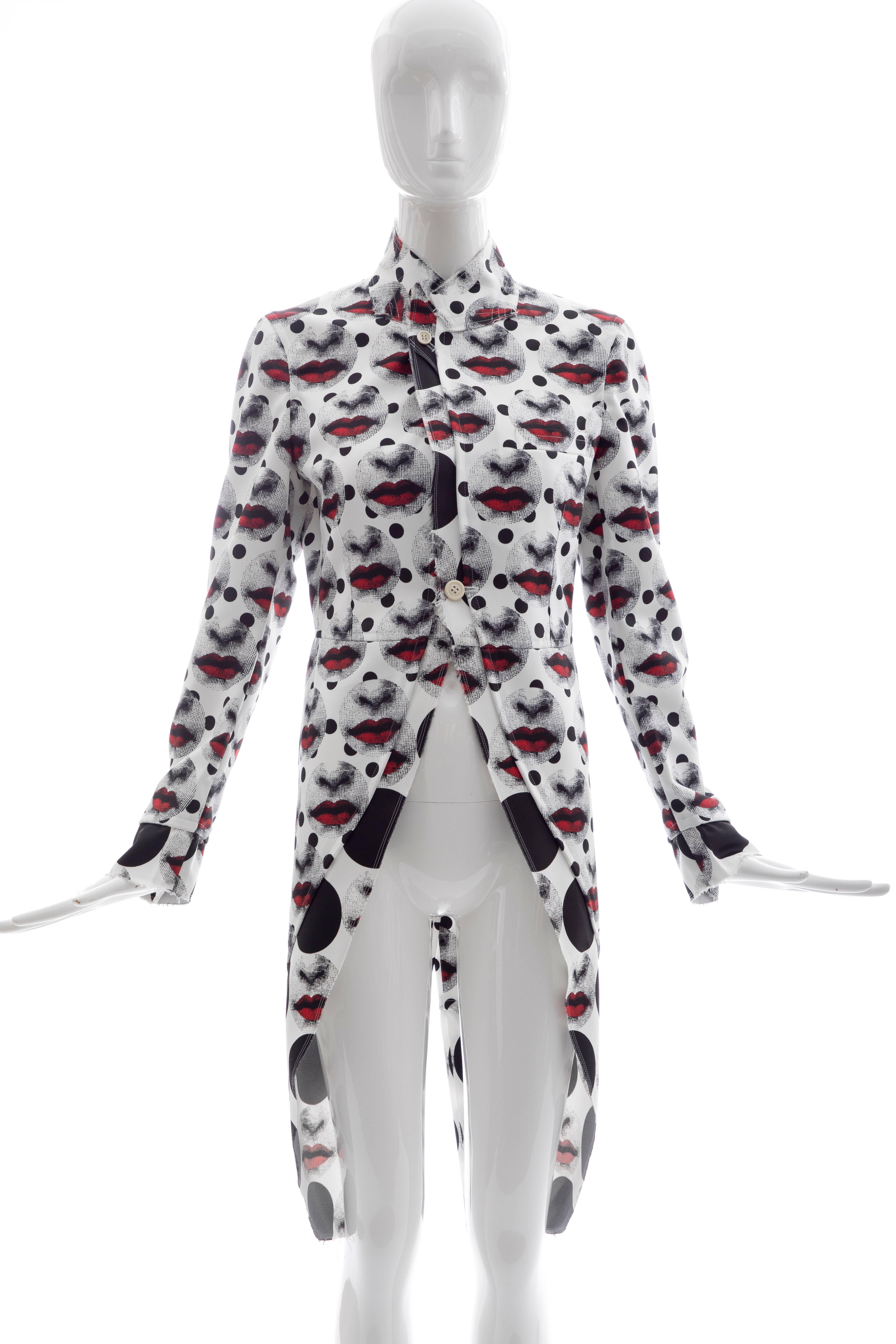 Comme des Garçons Homme Plus, Spring 2017 runway (Look 16) printed Fornasetti jacket with raw-edge hems and single button closure at center front.

Japan: Small
Bust: 34, Waist 29.5, Shoulder 14.75, Length 41, Sleeve 28.5
