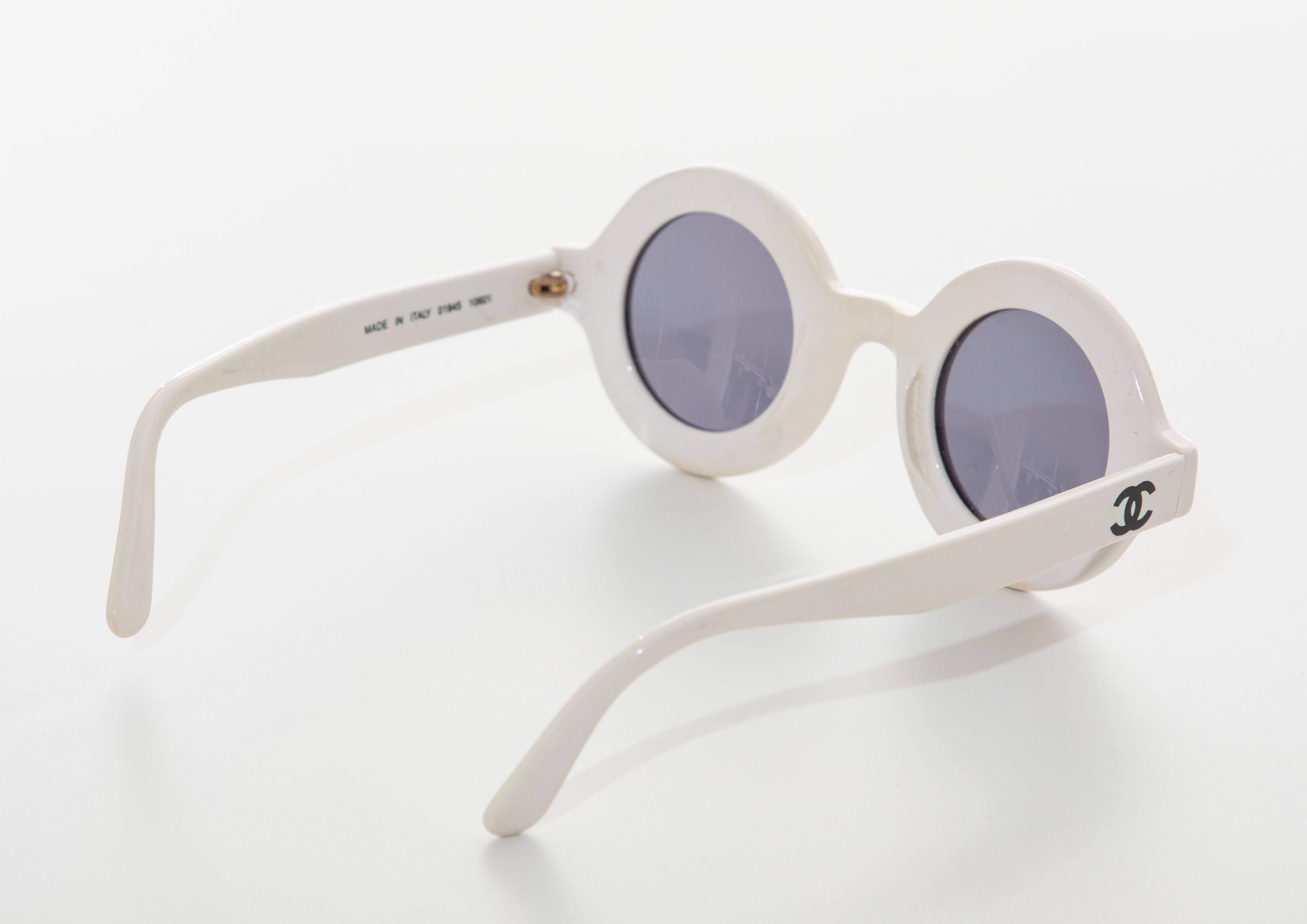 Gray Chanel Runway Logo Round White Sunglasses With Tinted Lenses, Spring 1993